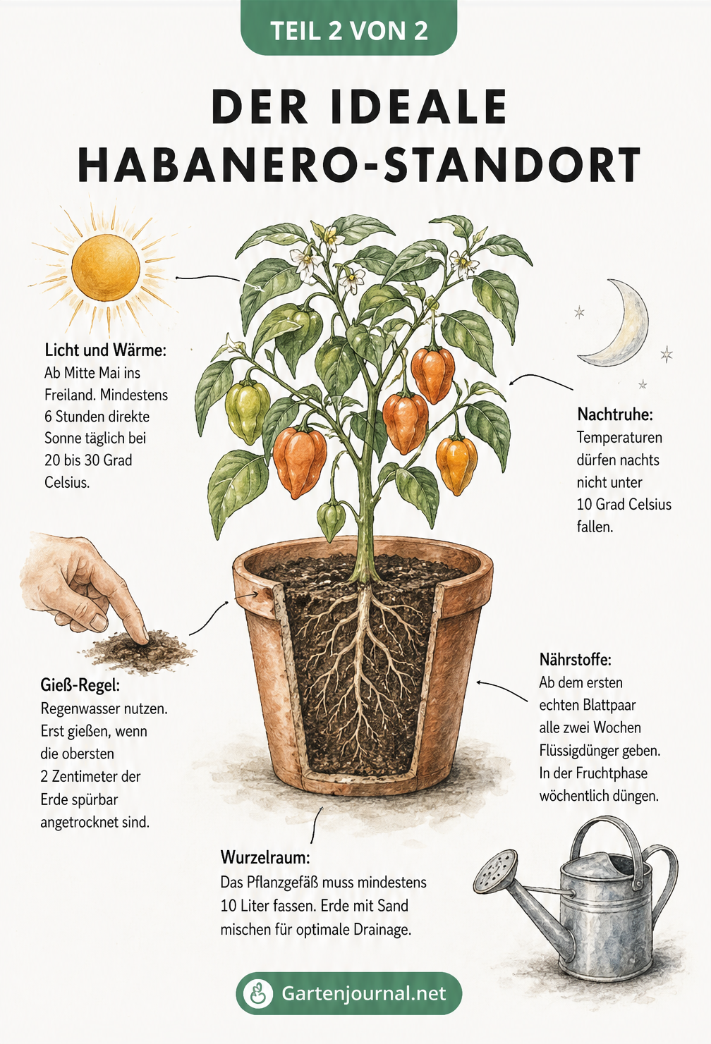 Skizze einer Habanero-Pflanze im Terrakotta-Topf mit Tipps zu Standort, Temperatur, Gießen und Düngen