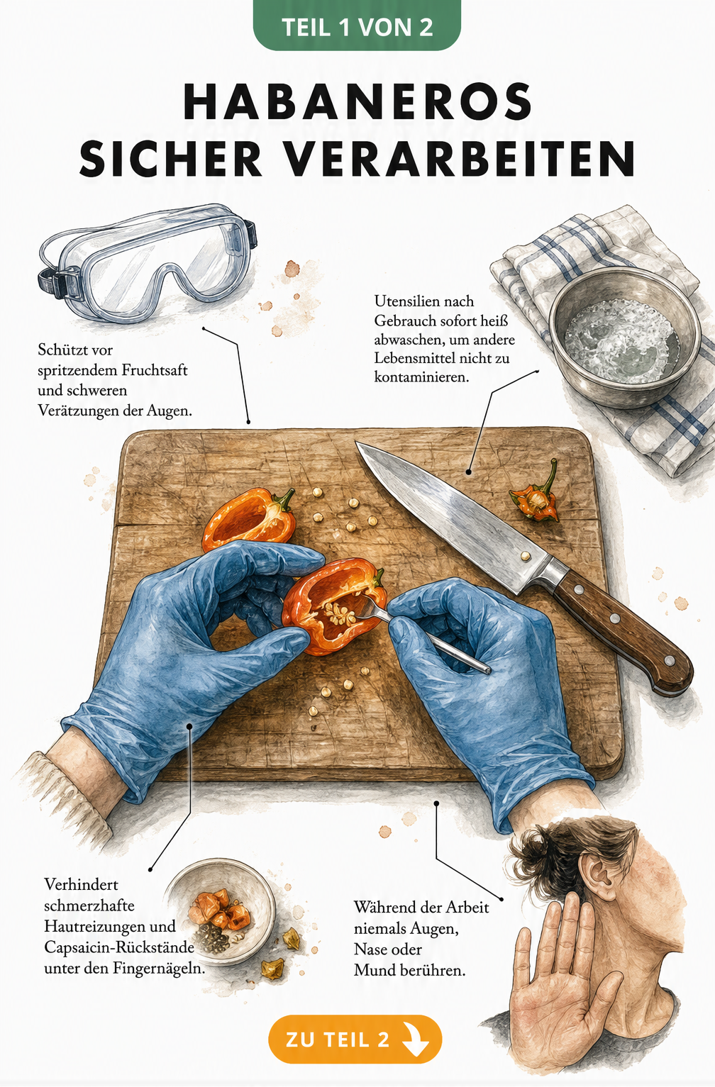Illustration eines Arbeitsplatzes mit Habanero, Messer, Schneidebrett, Schutzbrille und Handschuhen