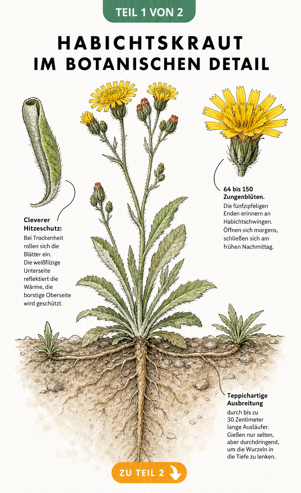 Botanische Illustration des Habichtskrauts mit Wurzelwerk, Ausläufern, Blättern und Blüten