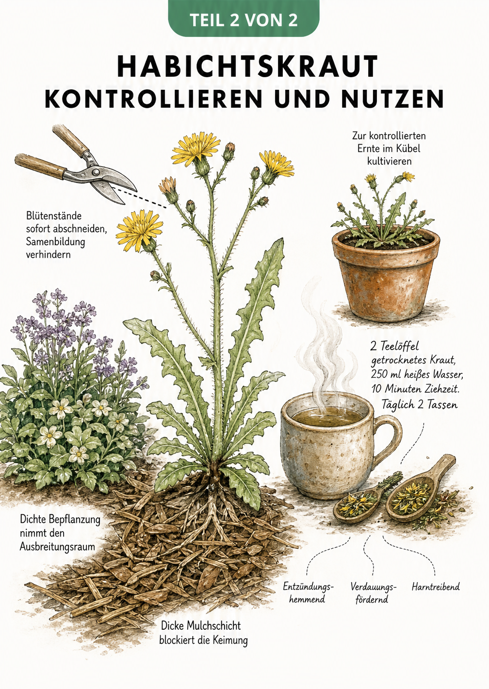Illustration einer Habichtskraut-Pflanze mit Tipps zur Vorbeugung durch Mulchen und dichte Bepflanzung sowie zur Nutzung als Heilpflanze im Kübel.