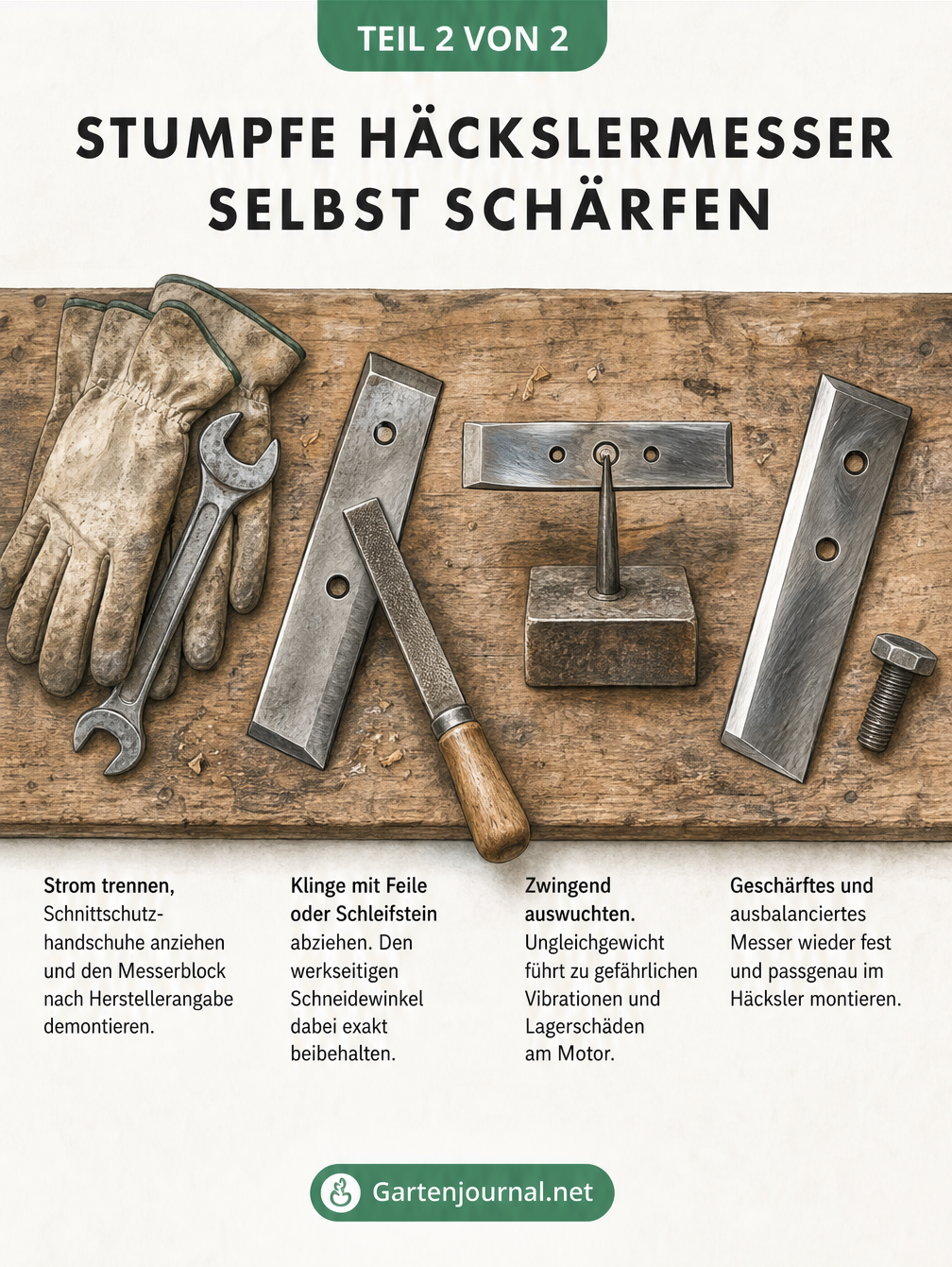 Illustration einer Werkbank mit Arbeitshandschuhen, Schraubenschlüssel, Häckslermesser, Feile und Auswuchtgerät zum Schärfen der Klingen