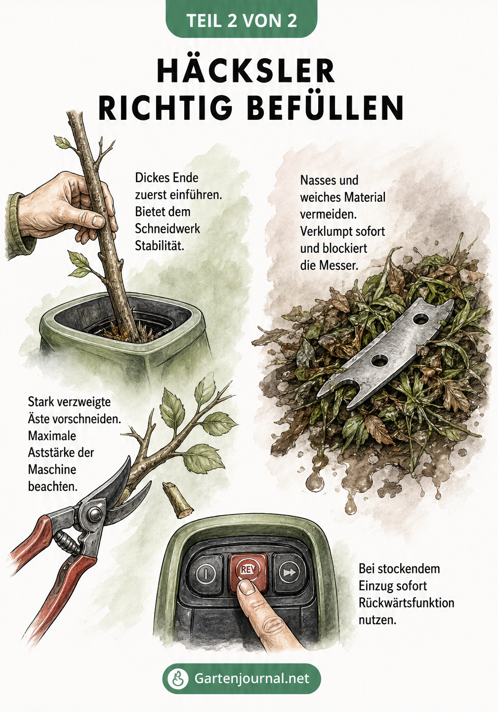 Gegenüberstellung von richtigem und falschem Häckselgut mit Tipps zur Vermeidung von Verstopfungen