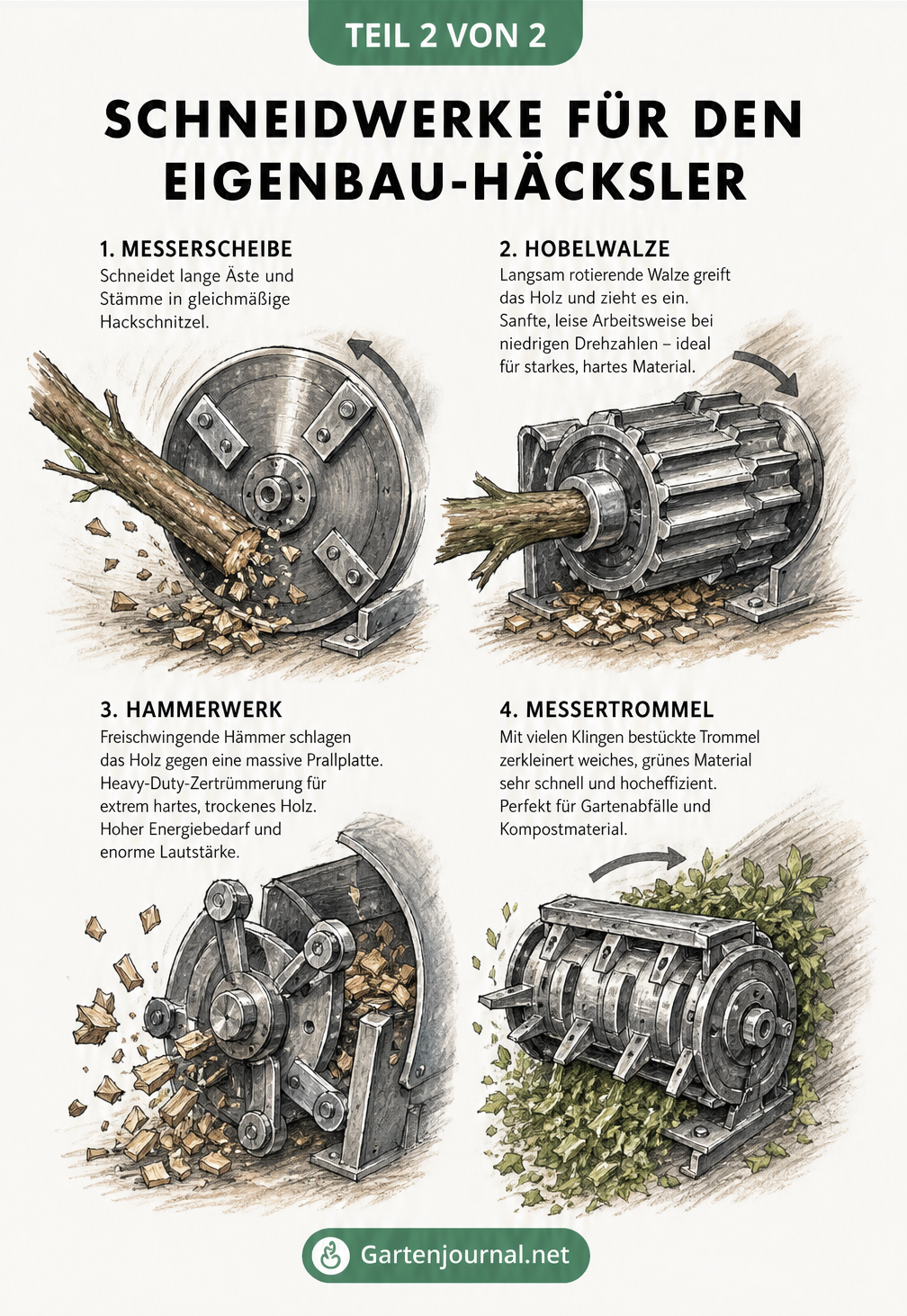 Querschnitte von vier Zerkleinerungsmechanismen für Häcksler: Messerscheibe, Hobelwalze, Hammerwerk und Messertrommel