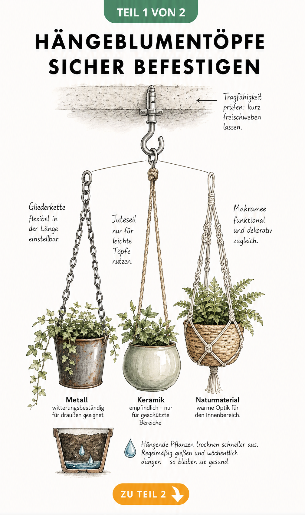 Illustration verschiedener Befestigungsarten für Hängeblumentöpfe an der Decke mit Kette, Seil und Makramee