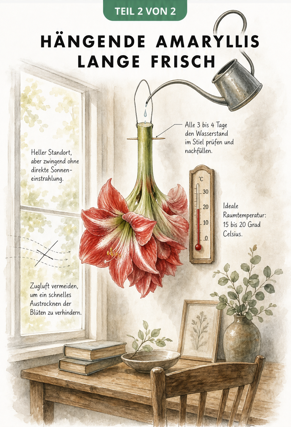 Aquarellierte Raumsituation mit einer hängenden Amaryllis über einem Tisch und Hinweisen zu Standort und Pflege