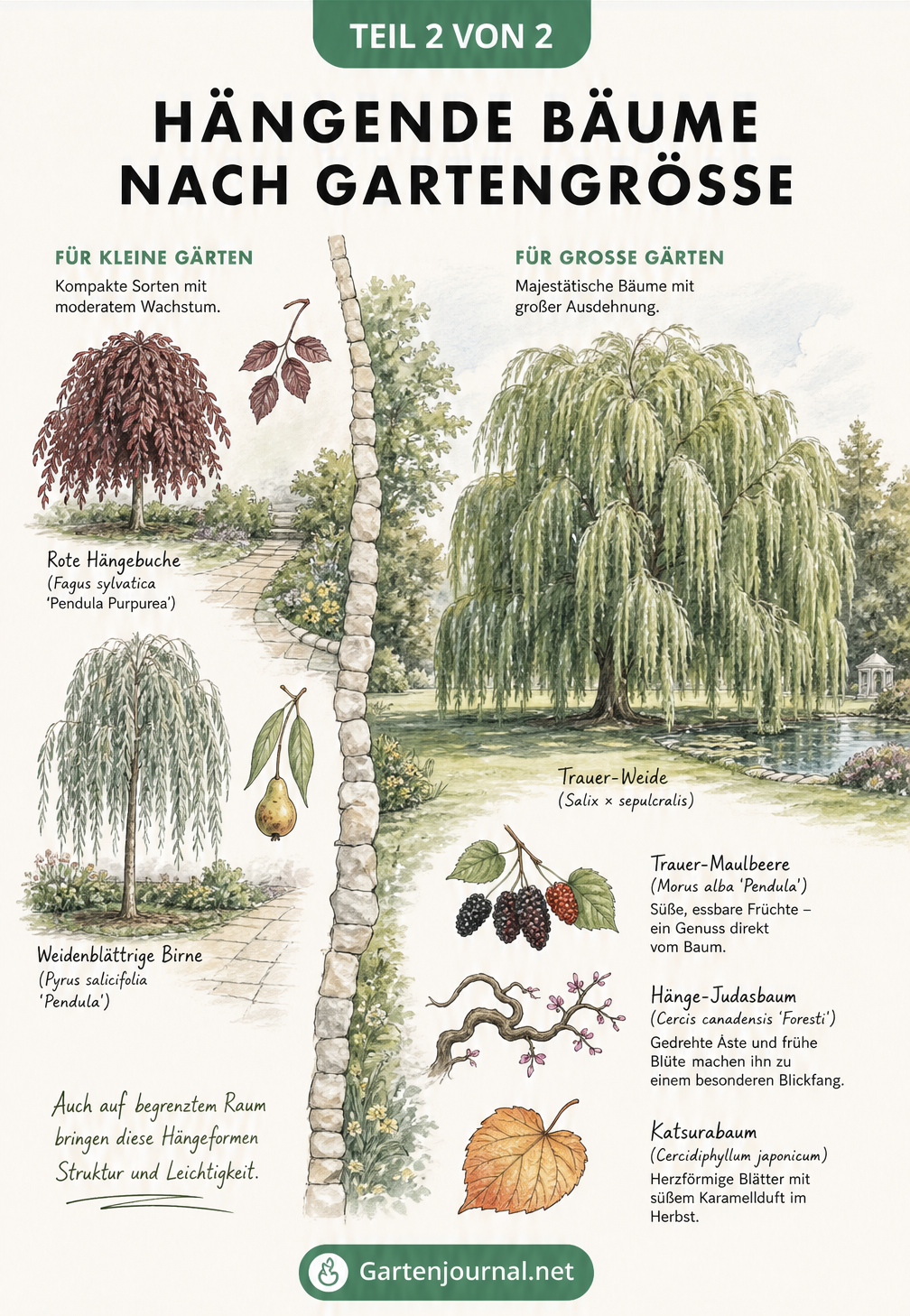 Gartenskizze mit hängenden Bäumen für kleine und große Gärten, inklusive Rote Hängebuche und Trauer-Weide
