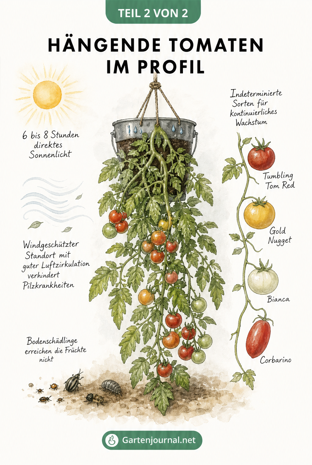 Illustration einer hängenden Tomatenpflanze mit idealen Standortbedingungen und Sortenbeispielen