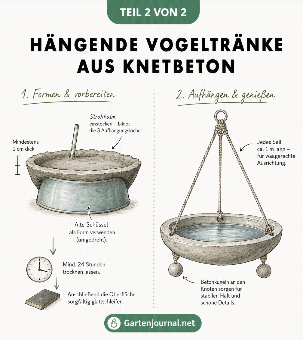 Skizze einer hängenden Vogeltränke aus Knetbeton mit Maßangaben