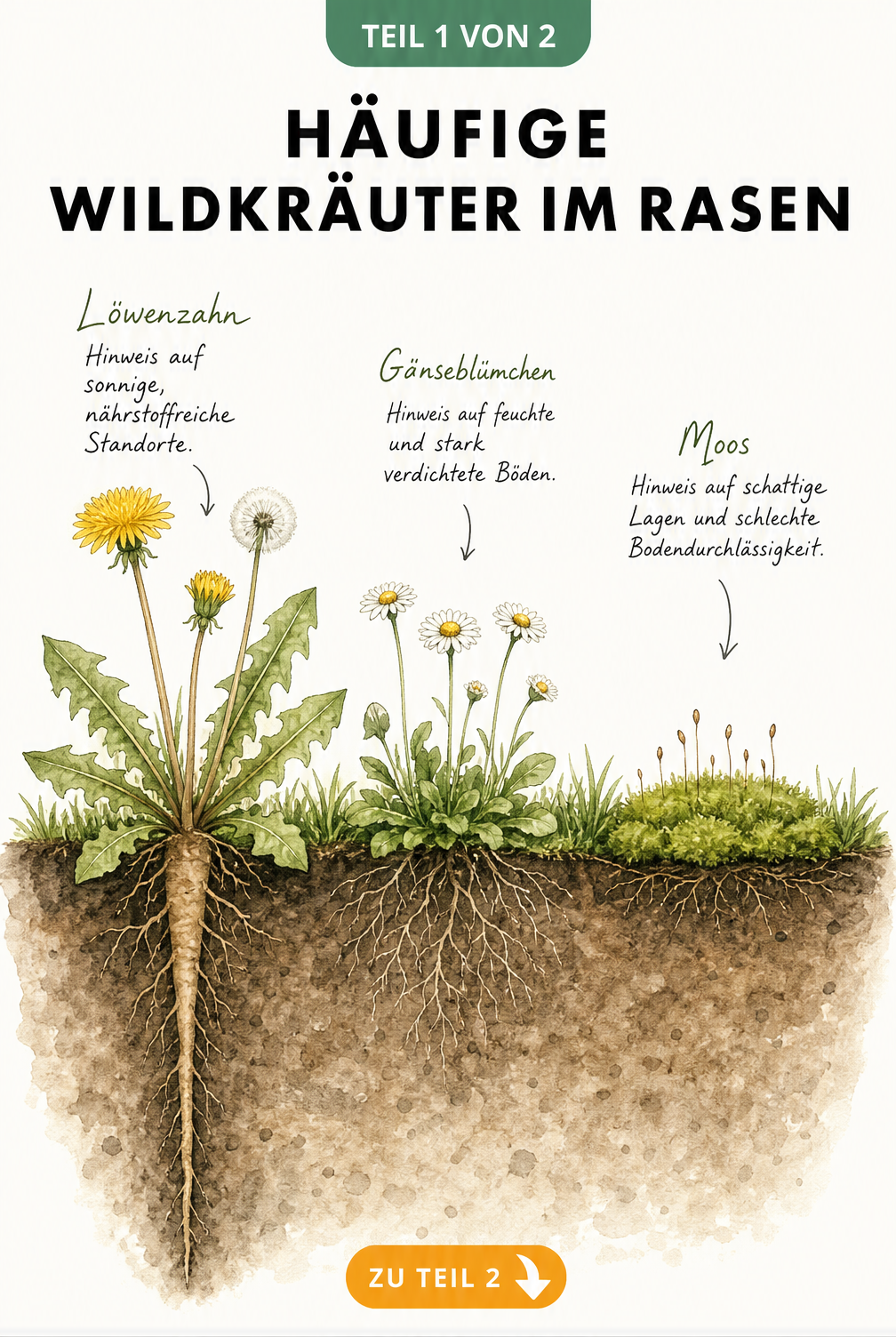 Botanische Illustration von Löwenzahn, Gänseblümchen und Moos im Rasen mit Wurzelwerk