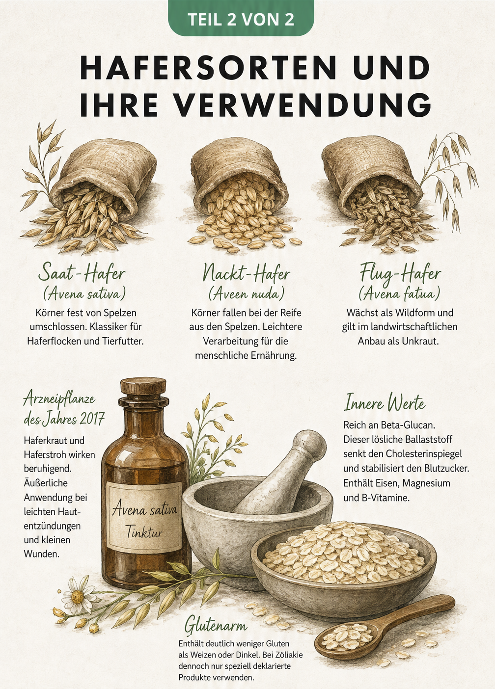 Illustration verschiedener Hafersorten wie Saat-Hafer, Nackt-Hafer und Flug-Hafer sowie deren Verwendung