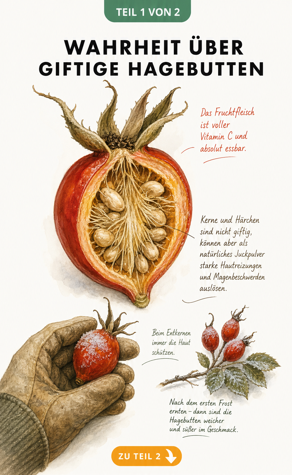 Botanische Illustration einer aufgeschnittenen Hagebutte mit Kernen und Härchen sowie einer Hand in Gartenhandschuhen