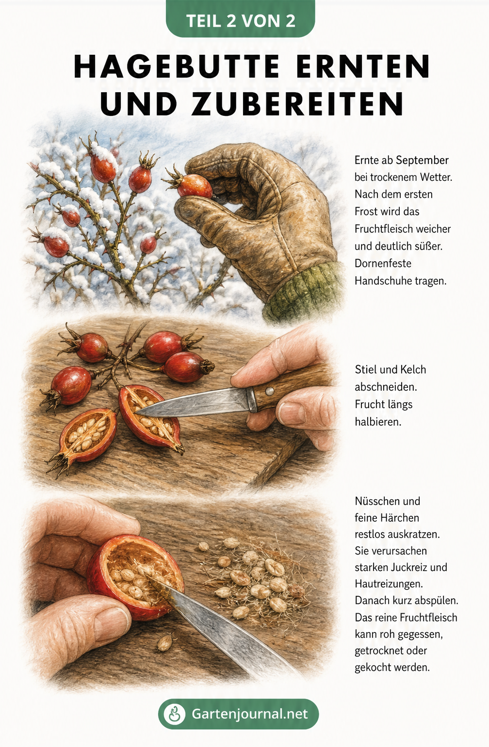 Illustration in drei Schritten: Hagebutte am schneebedeckten Strauch ernten, Frucht halbieren und Kerne mit einem Messer auskratzen.