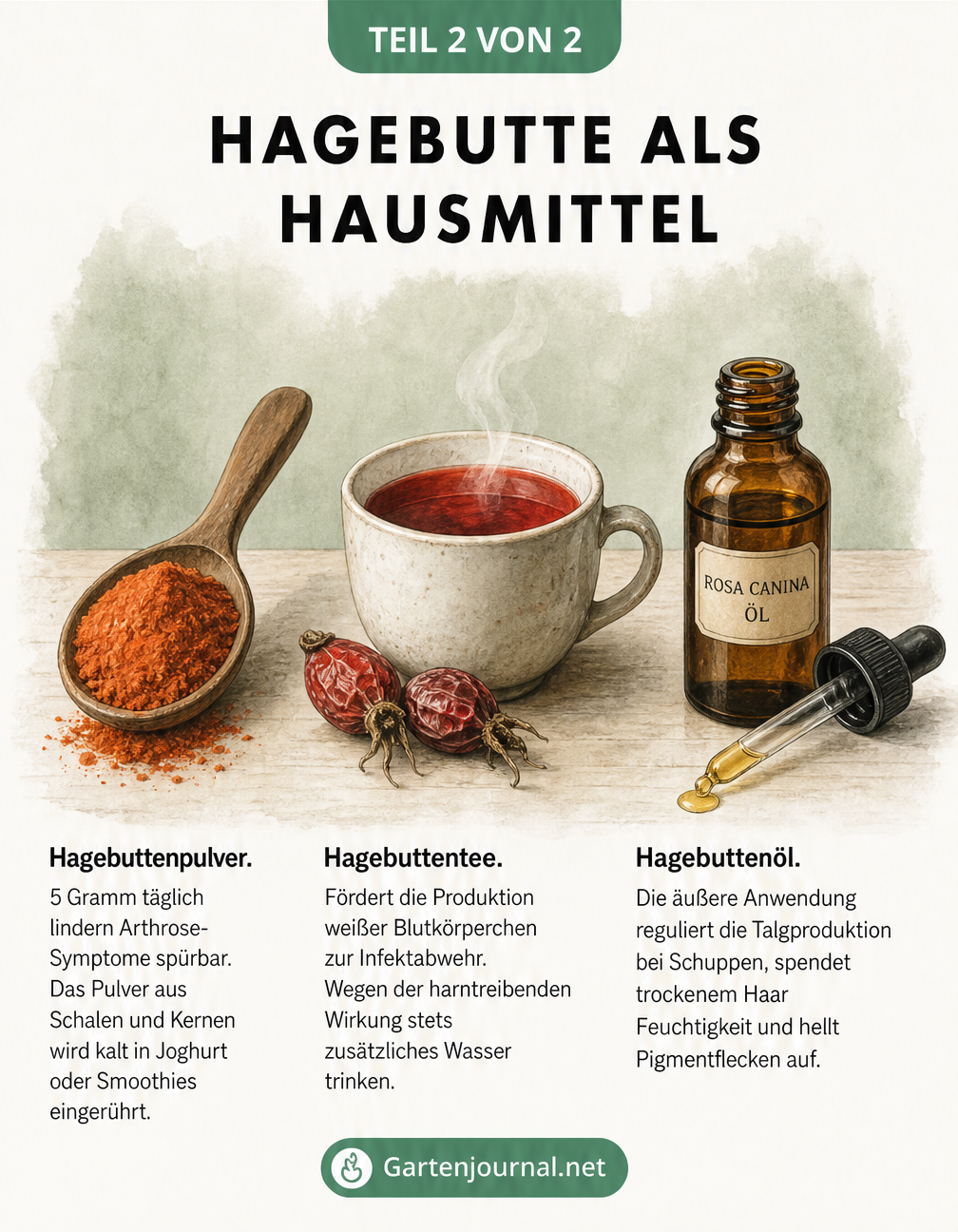 Illustration von Hagebuttenpulver auf einem Holzlöffel, Hagebuttentee in einer Tasse und Hagebuttenöl in einer Apothekerflasche