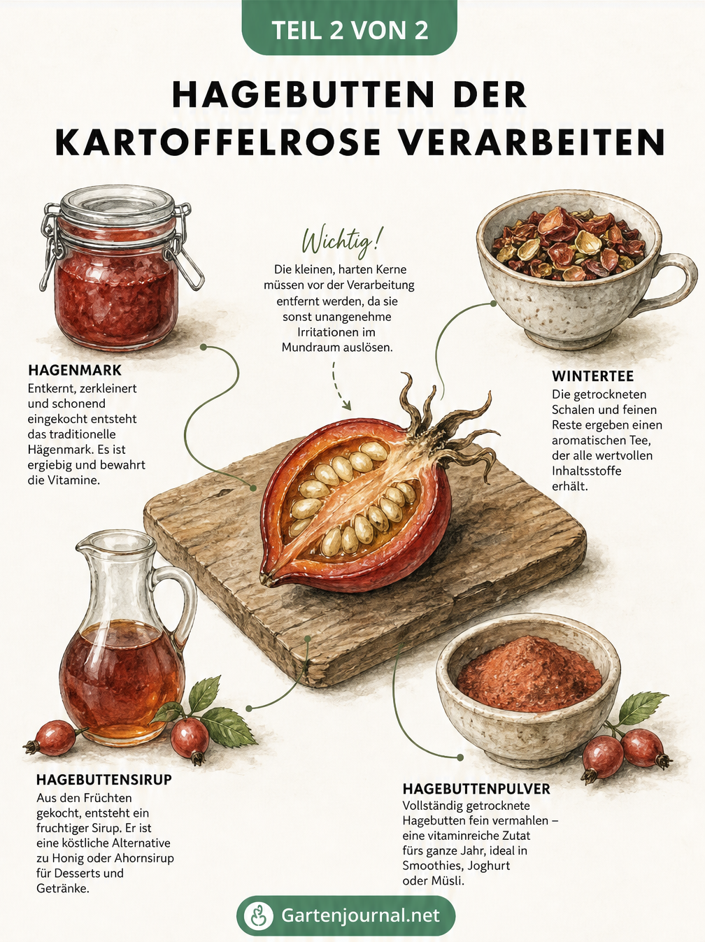 Illustration einer aufgeschnittenen Hagebutte mit vier Verarbeitungsmöglichkeiten: Hägenmark, Tee, Sirup und Pulver