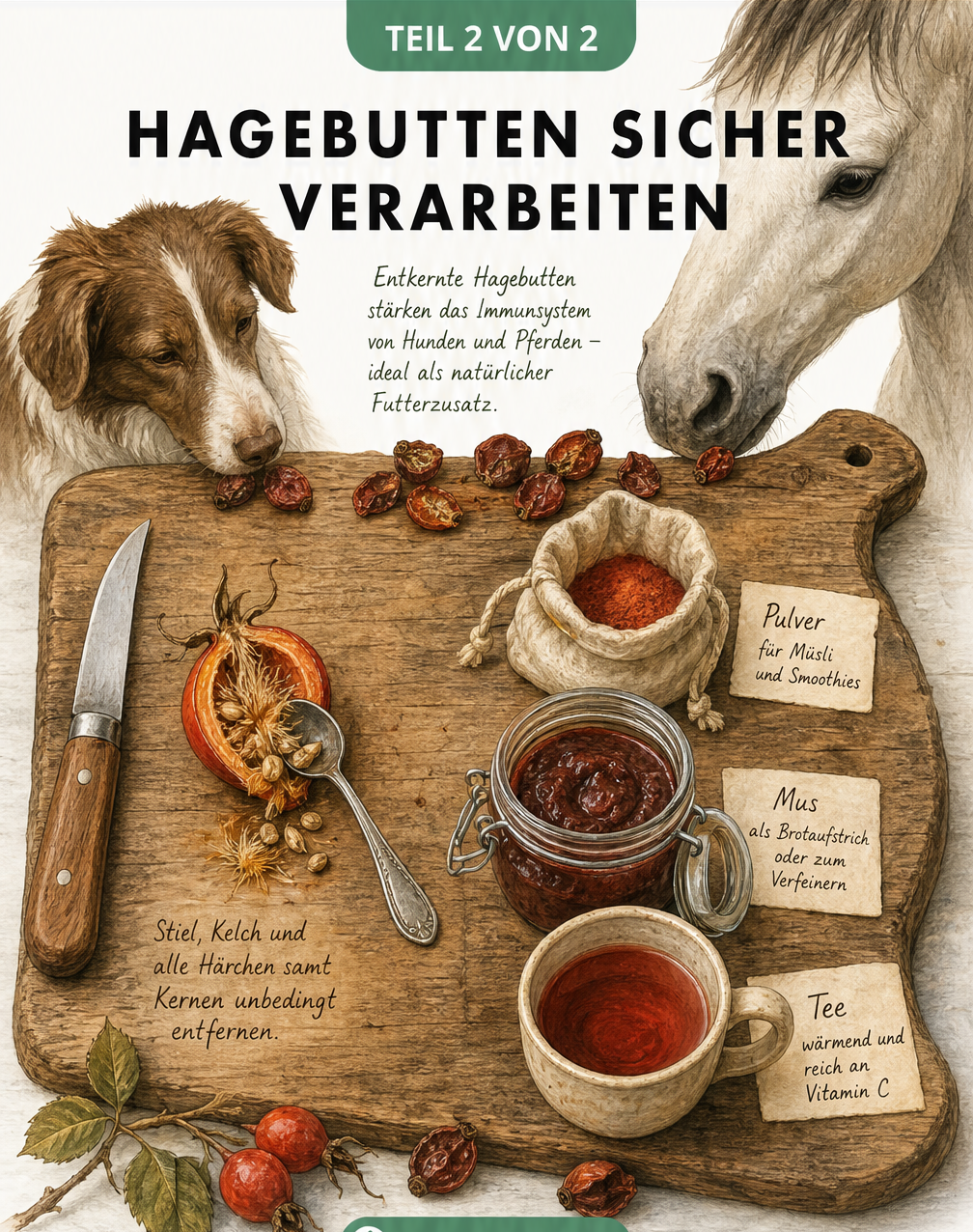 Holzschneidebrett mit halbierten Hagebutten, Messer, Löffel sowie Hagebuttenpulver, Mus und Tee