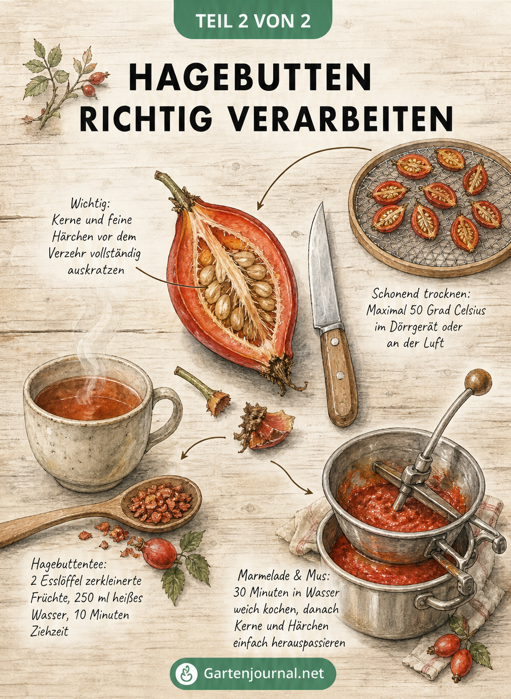 Illustration, die die Verarbeitung von Hagebutten zu Tee, Marmelade und getrockneten Früchten zeigt.
