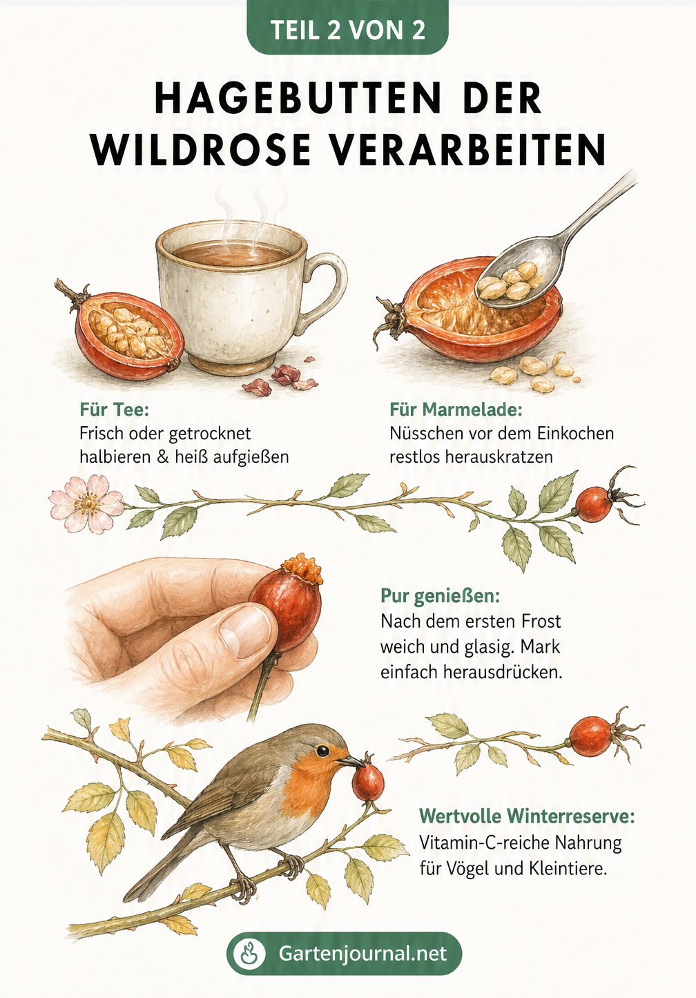 Illustration zur Verarbeitung von Hagebutten für Tee und Marmelade sowie als Vogelfutter im Winter