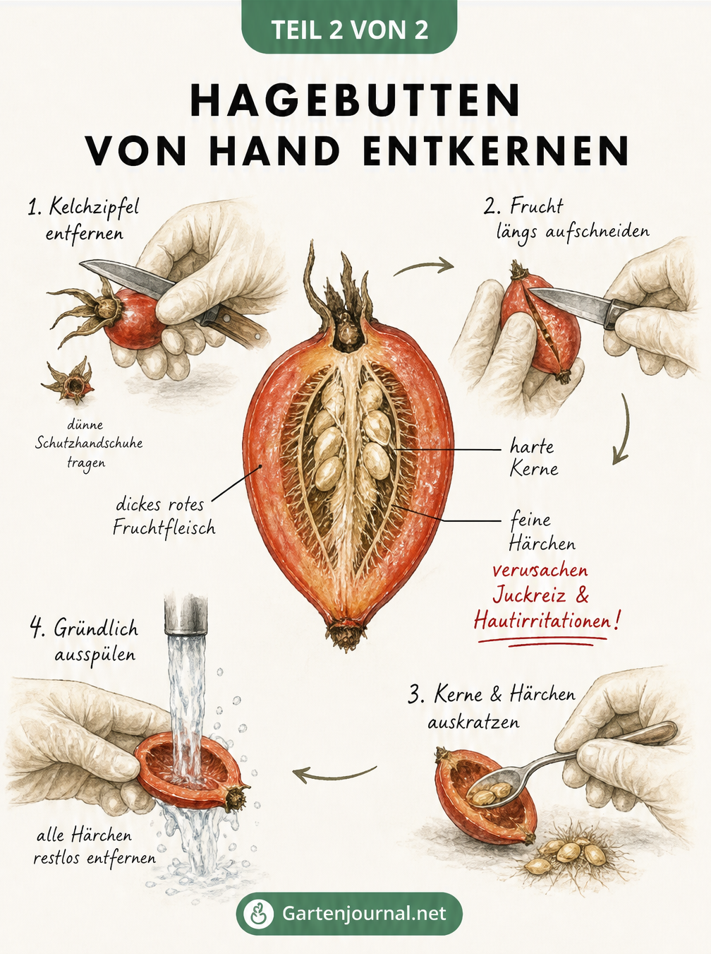 Detaillierte Zeichnung einer halbierten Hagebutte und der manuellen Entkernung mit Messer und Löffel.
