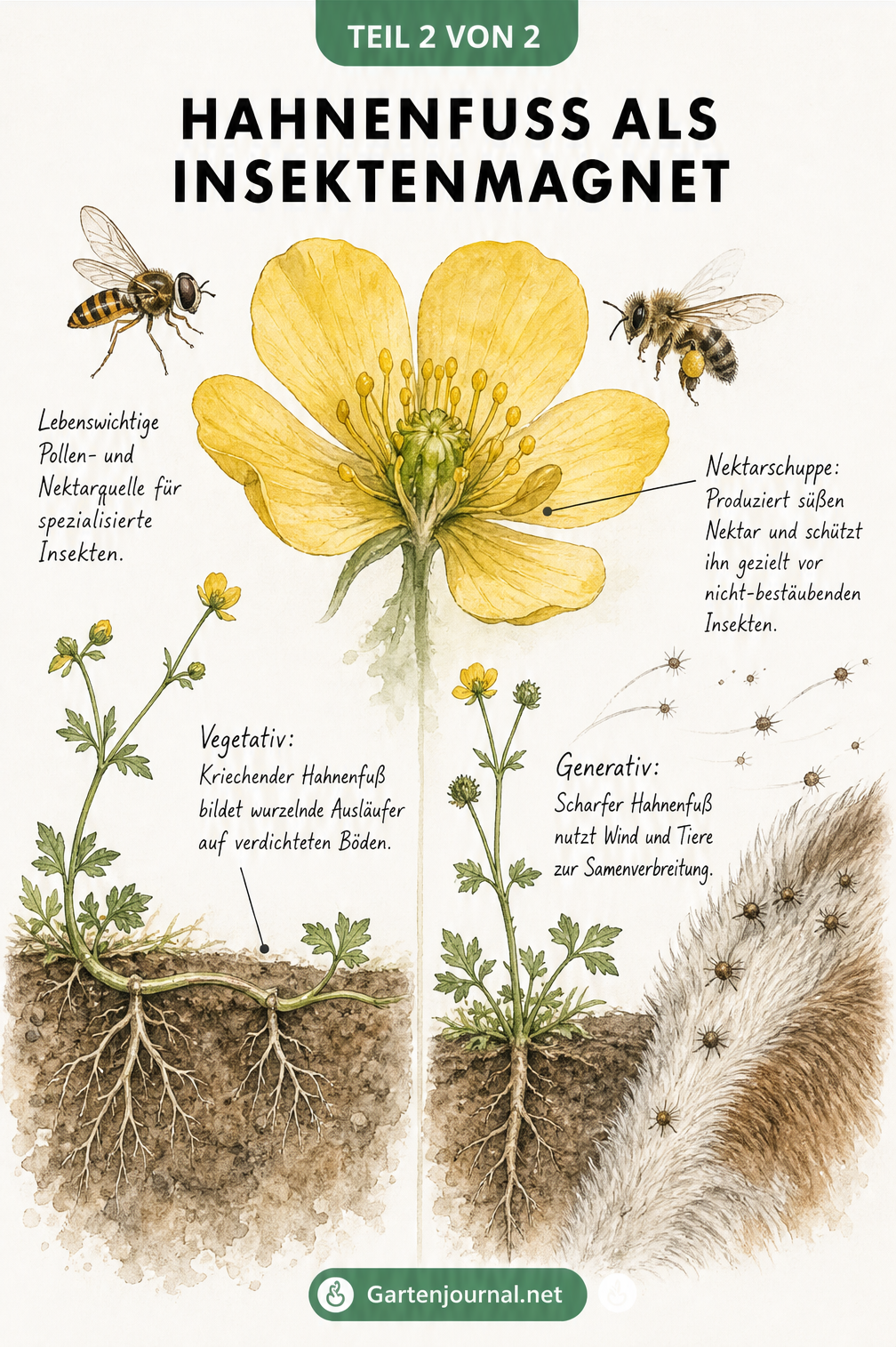 Querschnitt einer Hahnenfußblüte mit Nektarschuppe und Insekten sowie Darstellung der vegetativen und generativen Ausbreitung.
