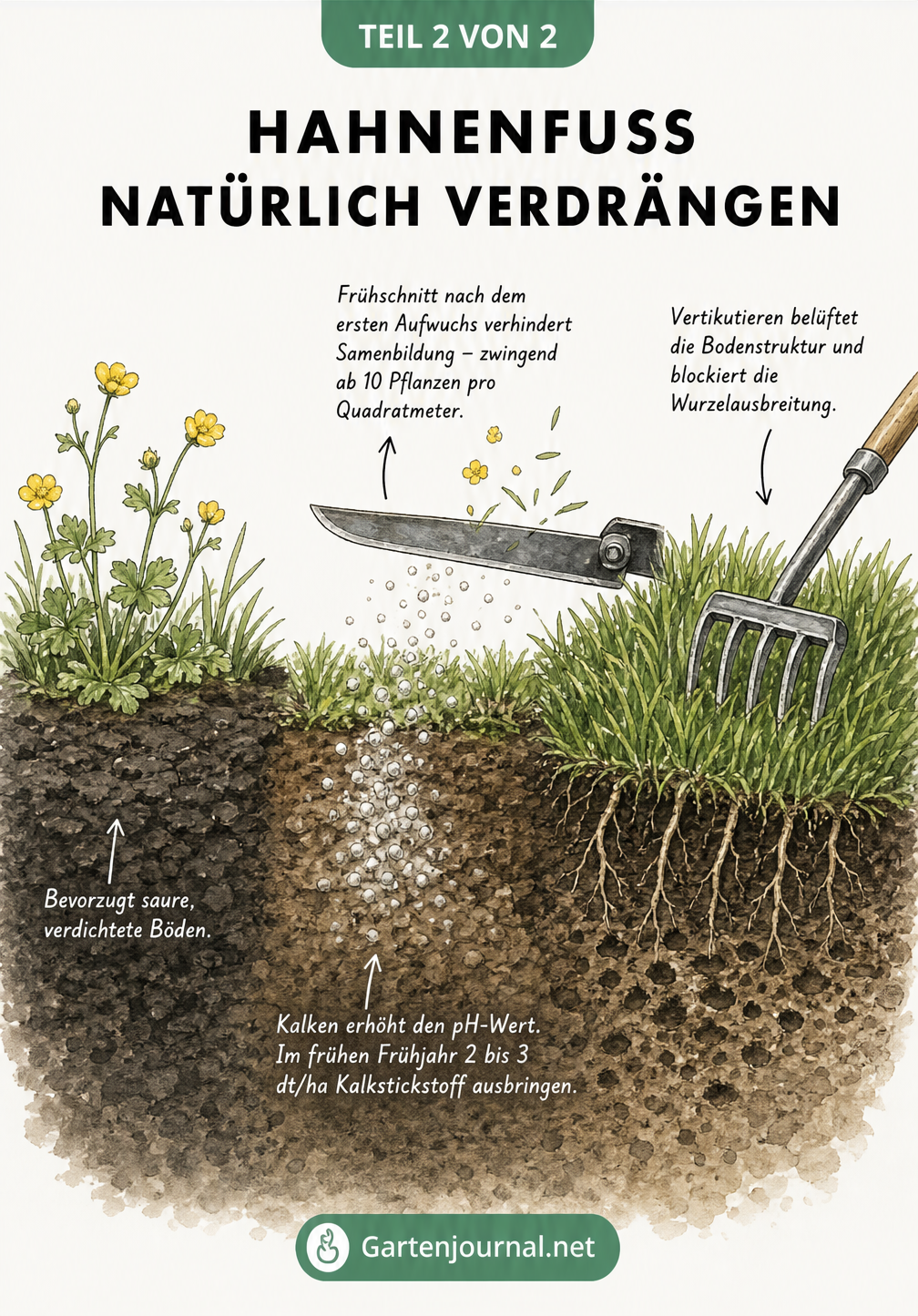 Grafik zur natürlichen Verdrängung von Hahnenfuß durch Kalken des Bodens, frühen Schnitt der Blüten und Vertikutieren des Rasens.