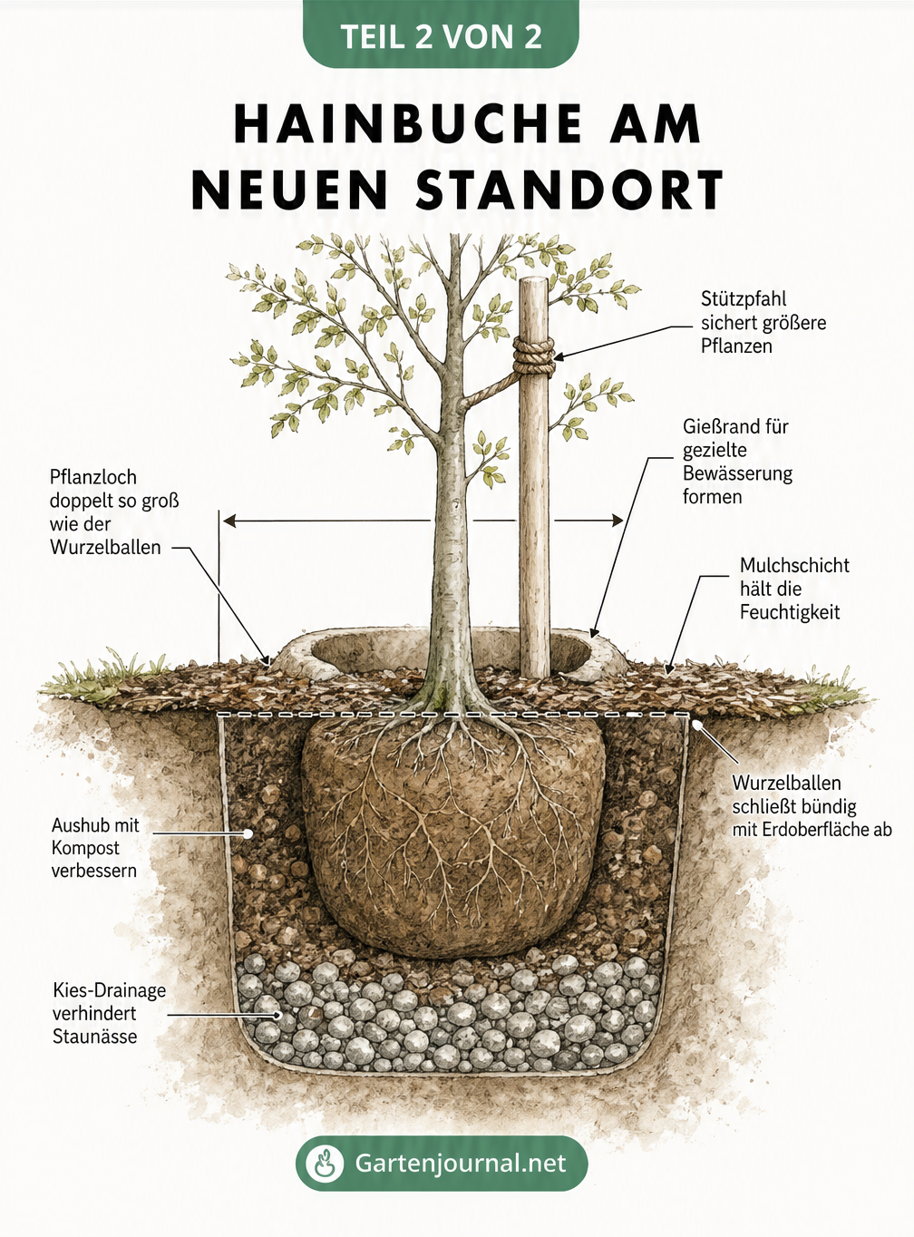 Querschnittszeichnung eines Pflanzlochs mit einer neu eingepflanzten Hainbuche, Drainage und Stützpfahl