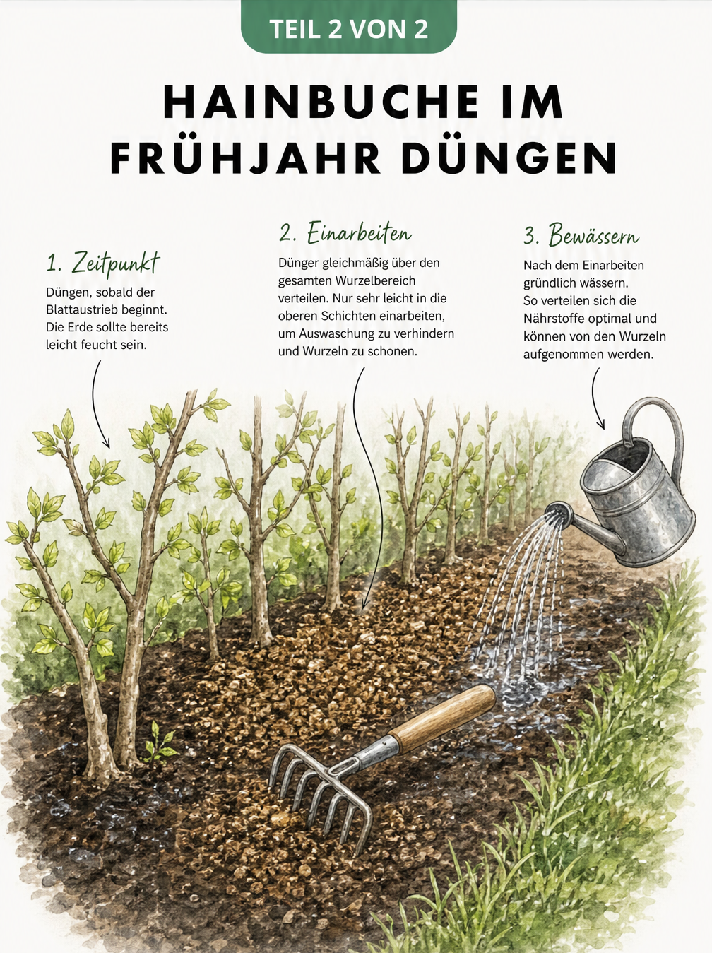 Aquarell-Illustration einer Hainbuchenhecke im Frühjahr, bei der organischer Dünger in die feuchte Erde eingearbeitet und anschließend gewässert wird