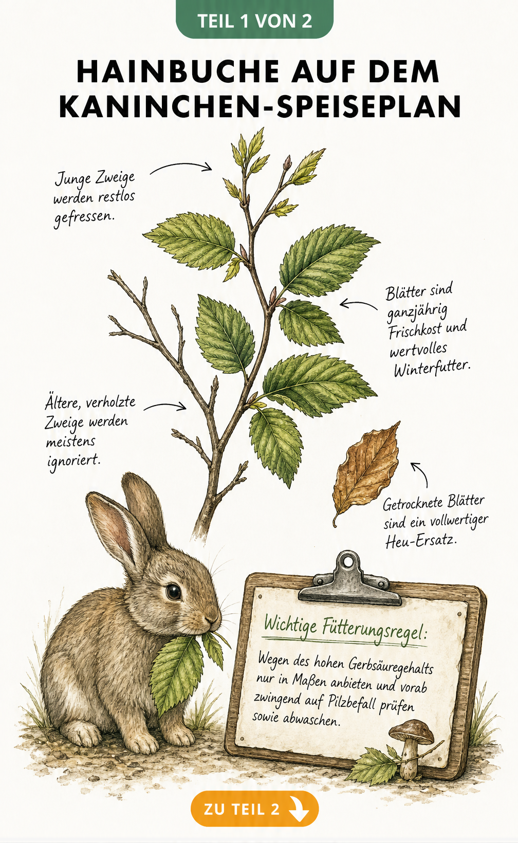 Illustration eines Hainbuchenzweigs mit einem fressenden Kaninchen und Hinweisen zur Fütterung