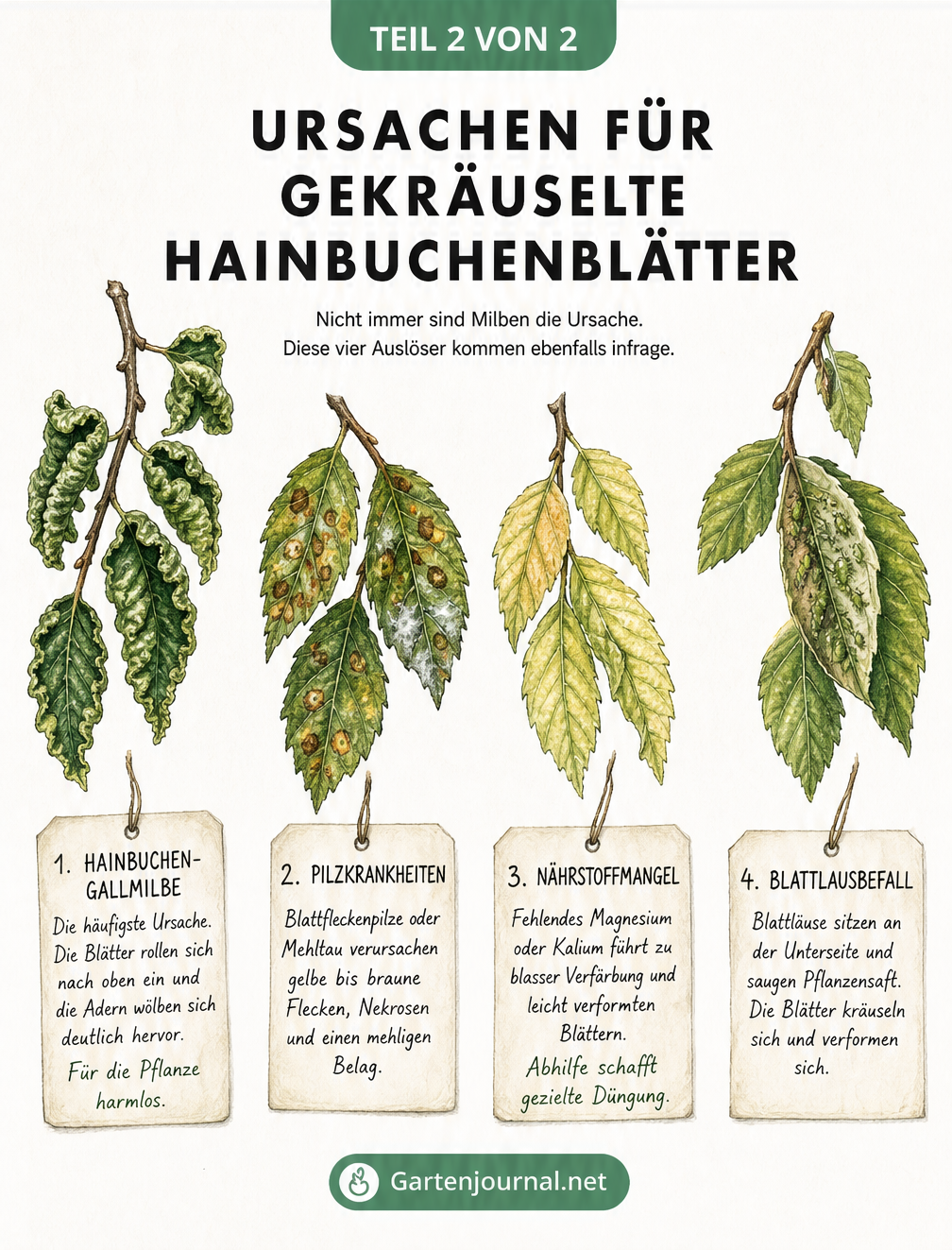 Illustration von vier Hainbuchenzweigen, die Schadbilder durch Gallmilben, Pilzkrankheiten, Nährstoffmangel und Blattläuse zeigen