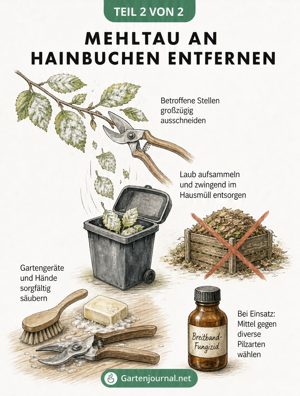 Zeichnung, die das Ausschneiden befallener Zweige, die Entsorgung im Hausmüll und die Reinigung der Gartengeräte zeigt.