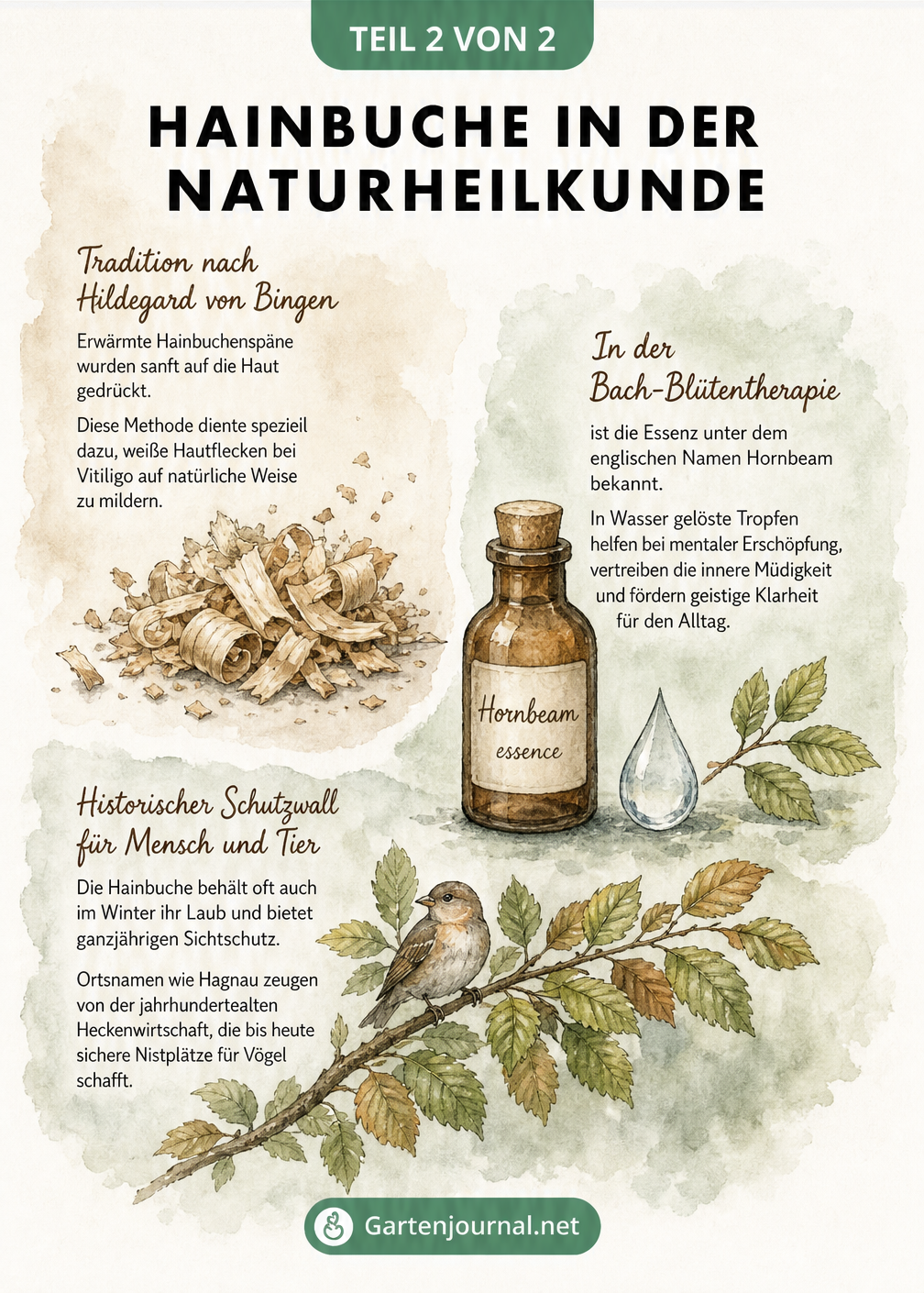 Aquarell-Illustrationen von Hainbuchenspänen, einer Apothekerflasche und einem belaubten Zweig mit Texten zur Naturheilkunde