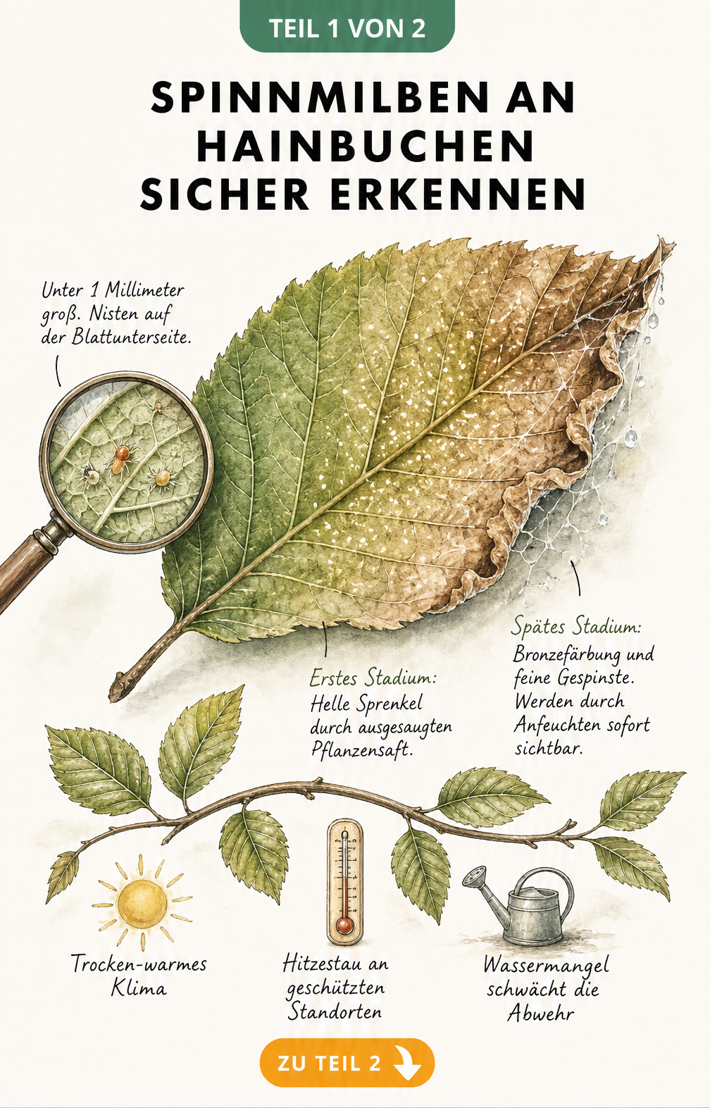 Illustration eines Hainbuchenblattes, das den zeitlichen Verlauf eines Spinnmilbenbefalls von grünen Blättern über helle Sprenkel bis zur Bronzefärbung mit...