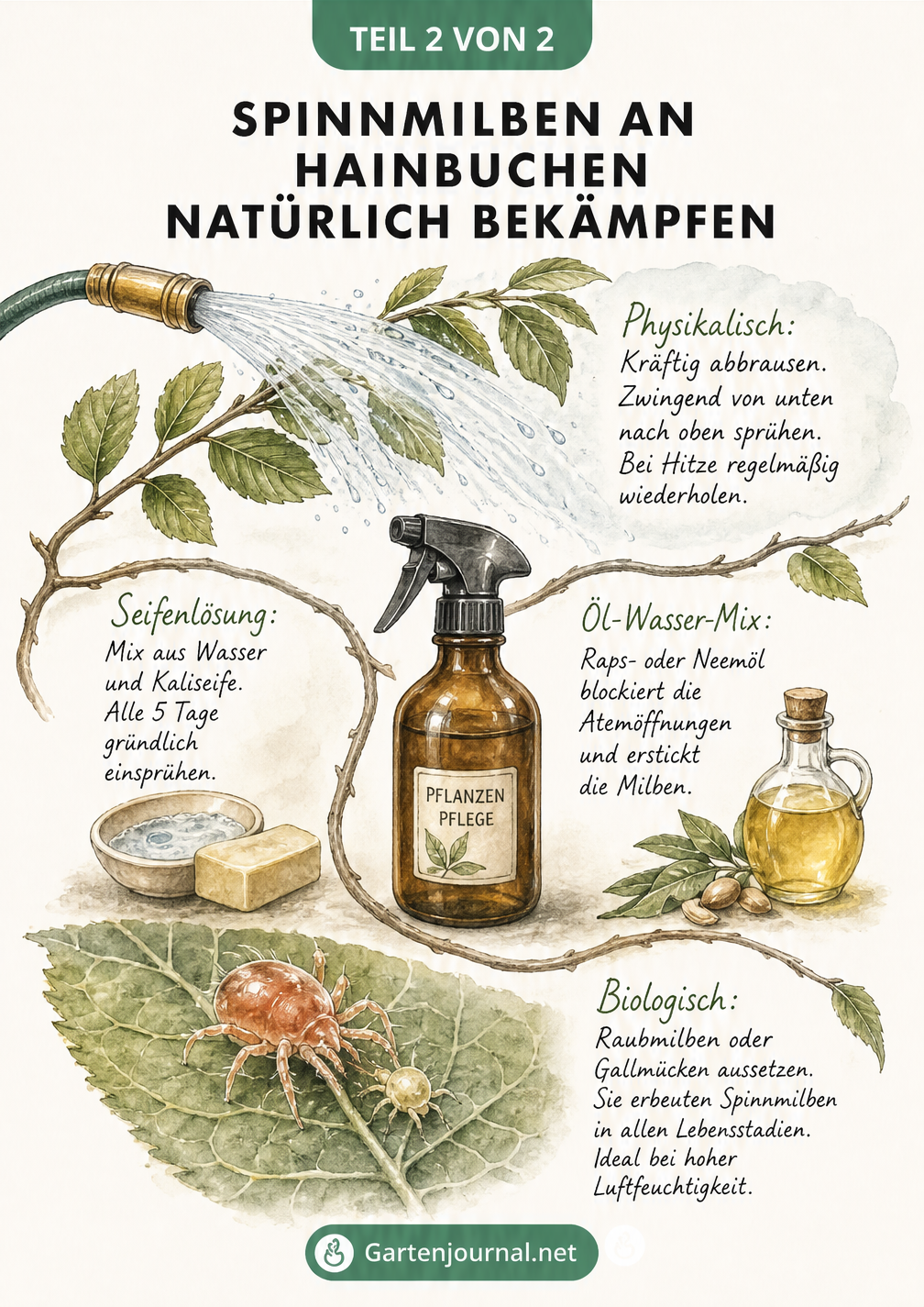 Illustration zur natürlichen Bekämpfung von Spinnmilben an Hainbuchen durch Abbrausen, Seifenlösung, Öl-Wasser-Mix und den Einsatz von Raubmilben.