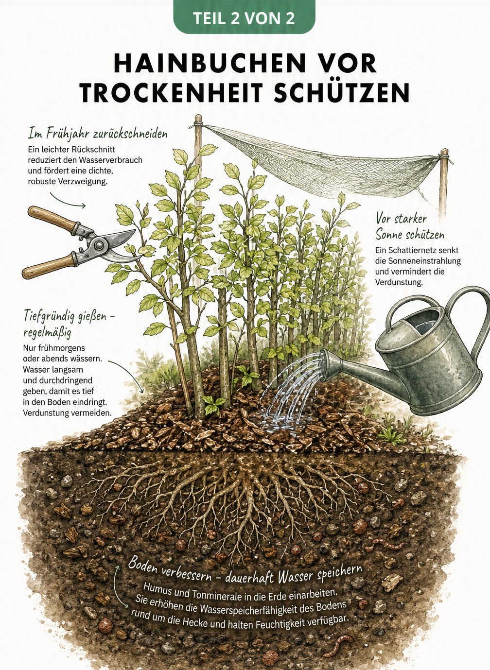 Querschnitt einer Hainbuchenhecke mit Rindenmulch, Gießkanne und Gartenschere zur Pflege bei Trockenheit