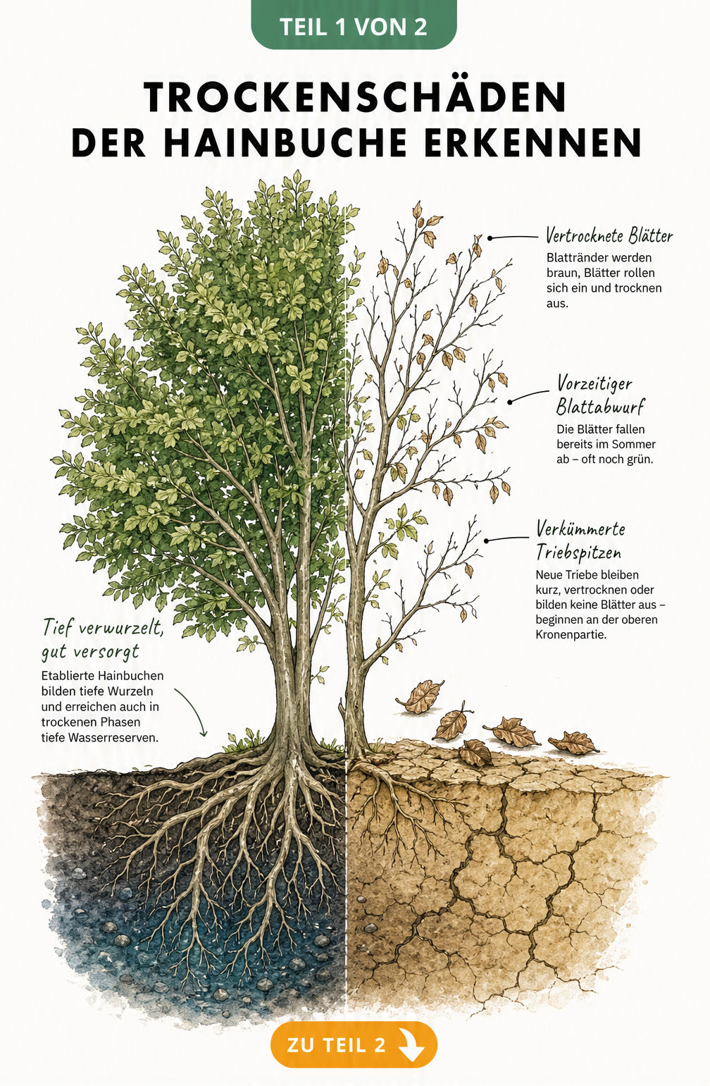 Botanische Illustration einer Hainbuche: Links gesunde Pflanze mit tiefen Wurzeln, rechts gestresste Pflanze mit flachen Wurzeln und braunen Blättern