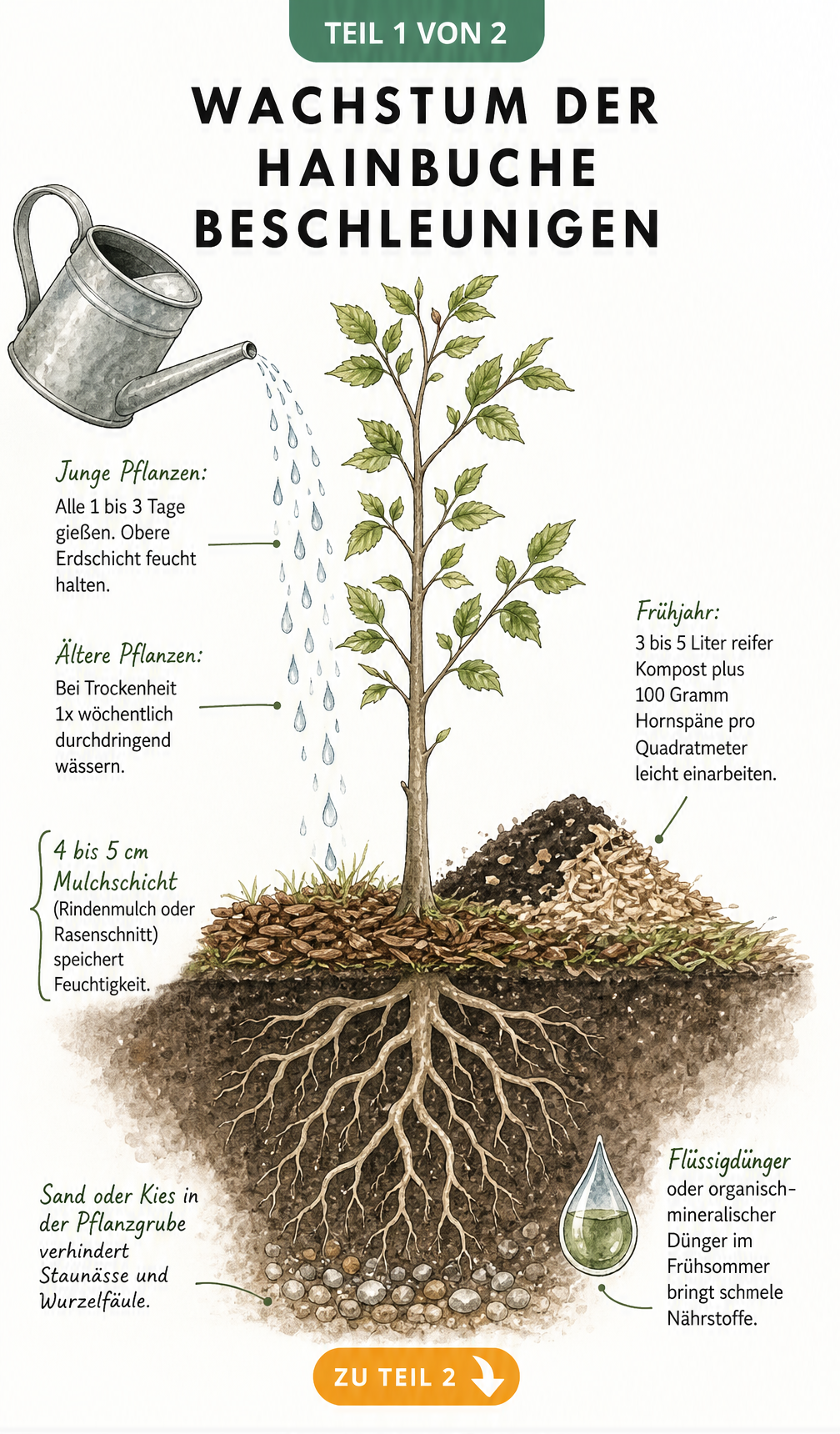 Botanische Querschnitt-Illustration einer jungen Hainbuche mit Wurzelwerk, Mulchschicht und Gießkanne