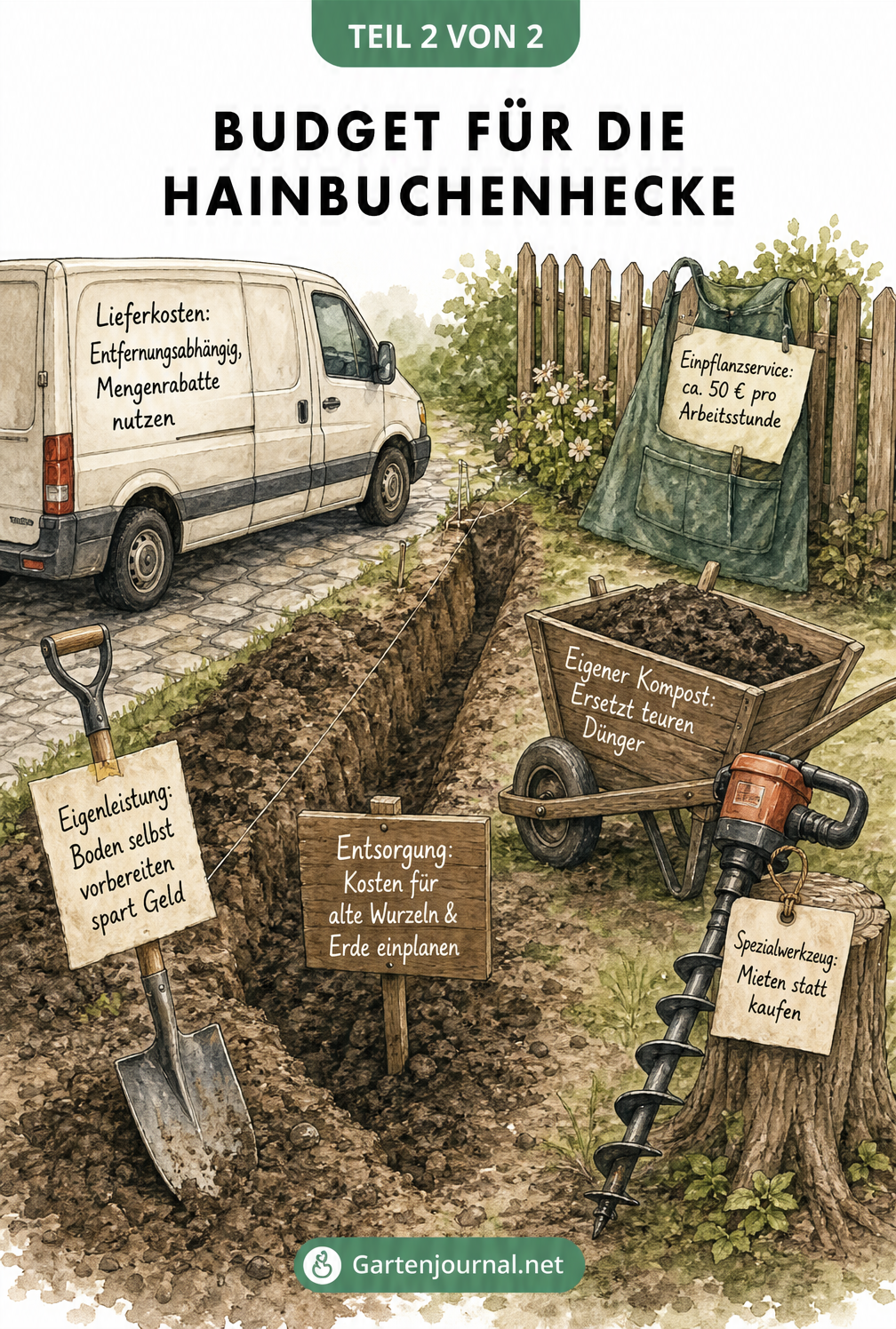 Isometrische Illustration eines Pflanzgrabens für eine Hecke mit Gartenwerkzeugen und Notizen zu Zusatzkosten