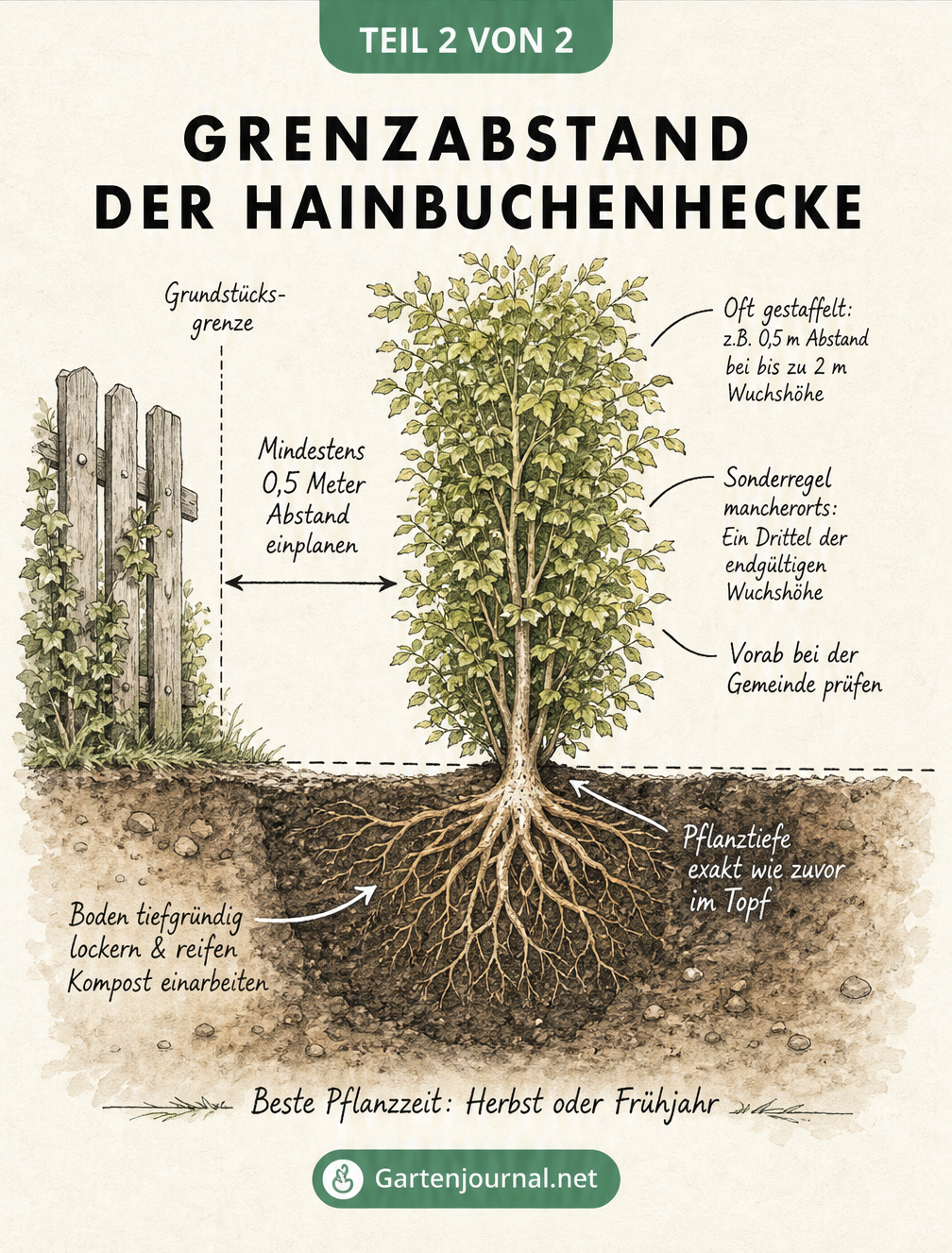 Querschnitt einer Hainbuchenhecke am Gartenzaun mit Maßangaben zum Grenzabstand und Hinweisen zur Pflanztiefe im Wurzelbereich.