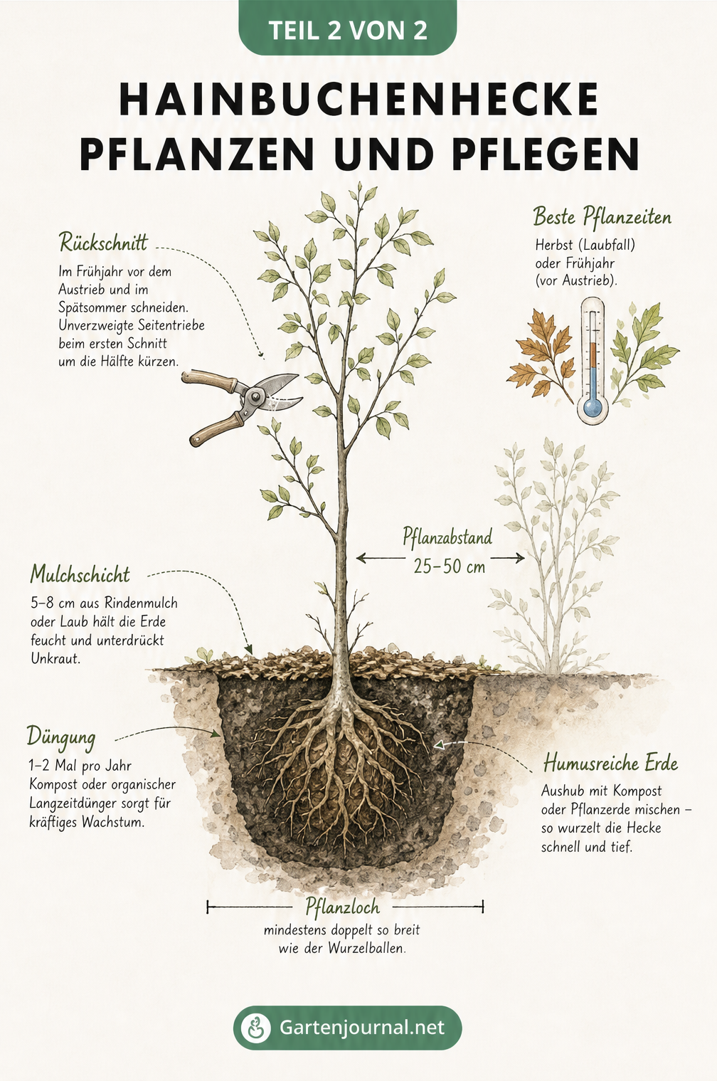 Botanische Illustration einer jungen Hainbuche im Querschnitt mit Pflanzloch, Mulchschicht, Pflanzabstand und Hinweisen zum Rückschnitt.