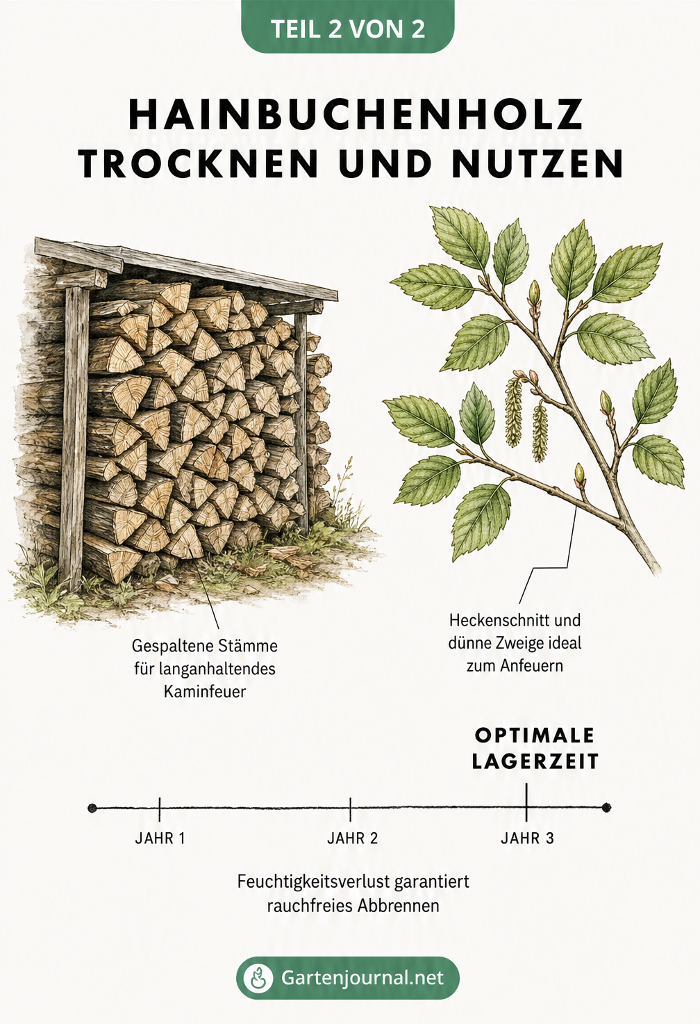 Illustration eines Holzstapels und eines frischen Hainbuchenzweigs mit Zeitstrahl zur optimalen Lagerzeit