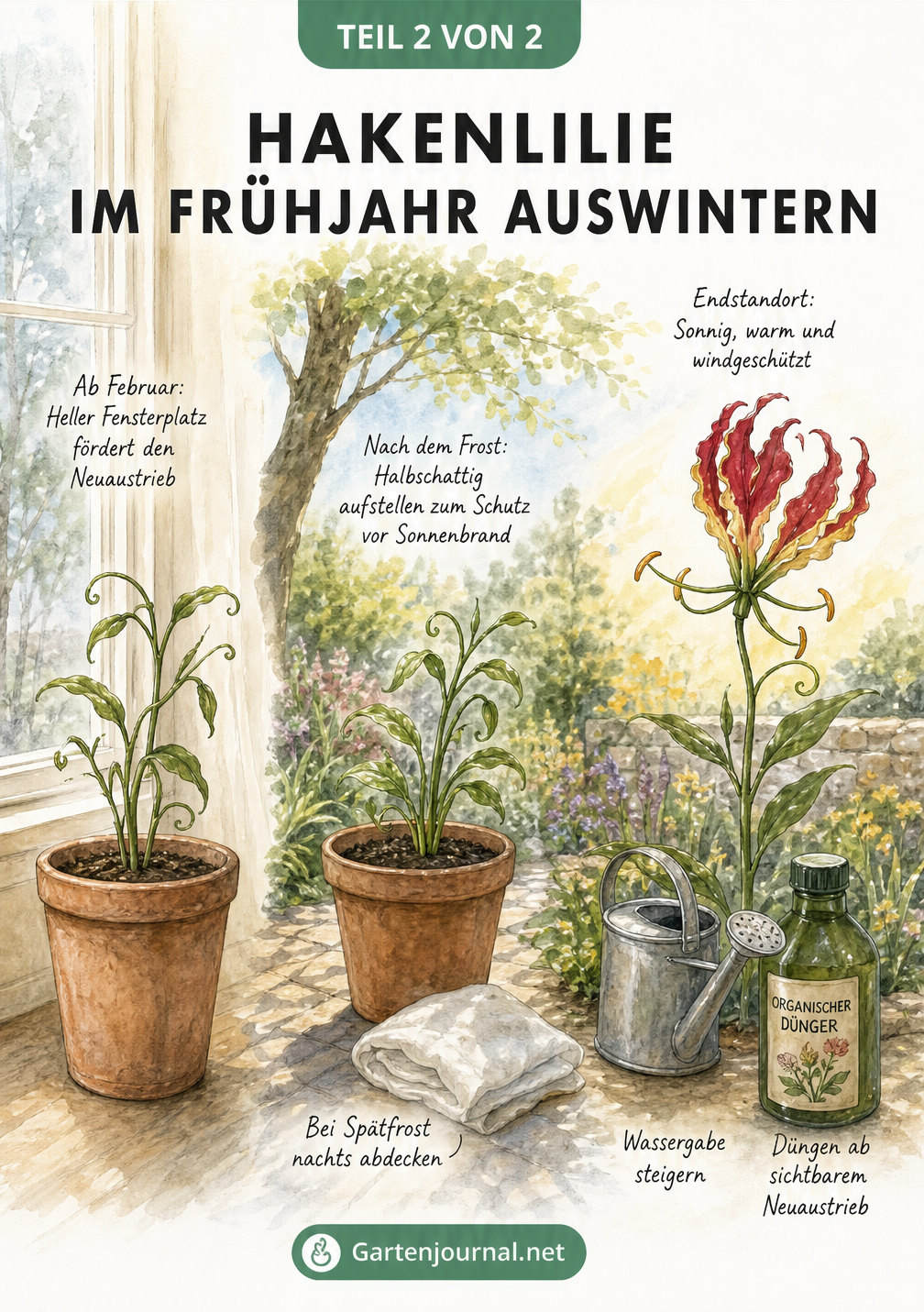 Illustration zum Auswintern der Hakenlilie vom hellen Fensterplatz über den Halbschatten bis zum sonnigen Endstandort