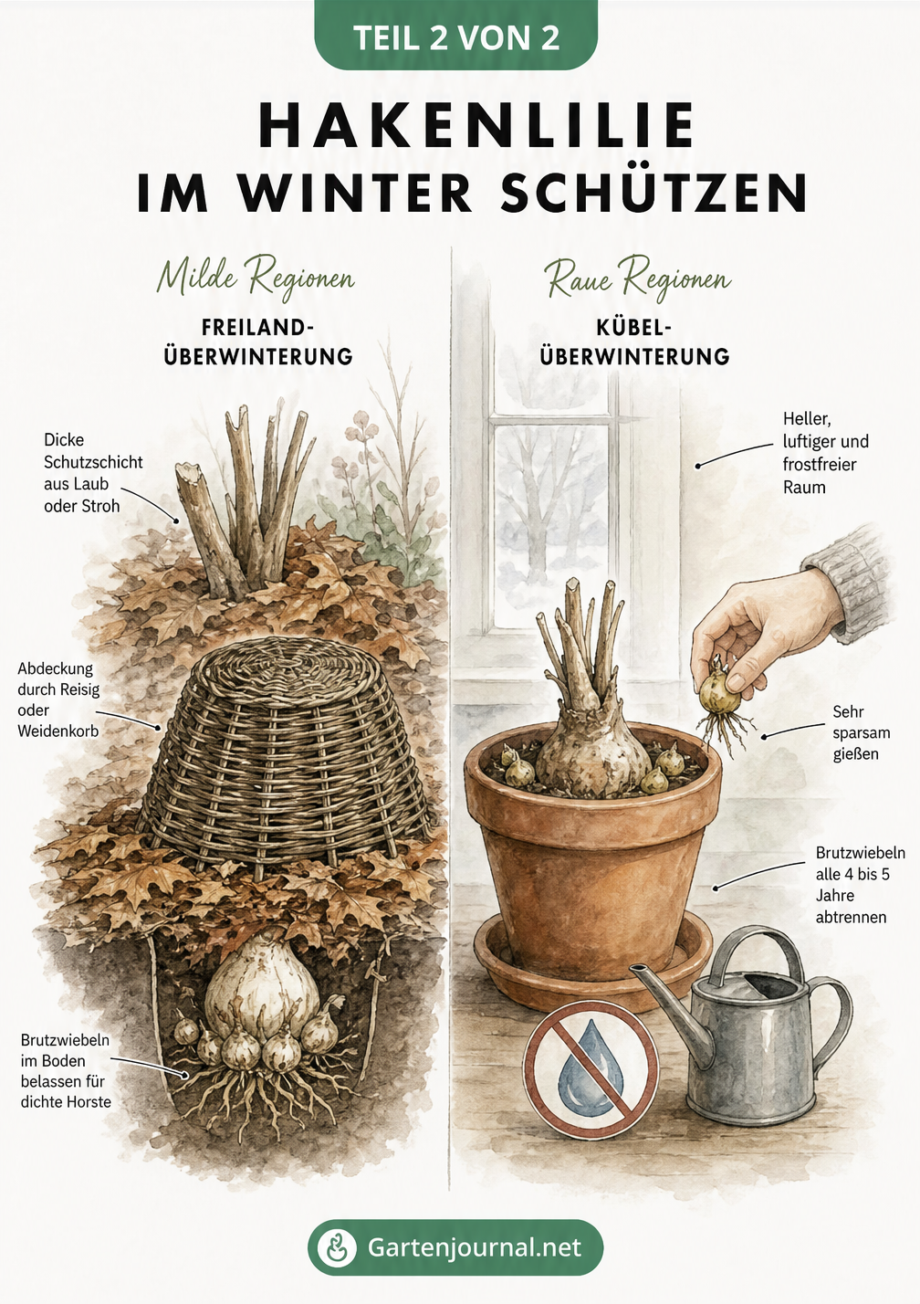 Illustration der Überwinterung einer Hakenlilie im Freiland mit Laub und im Kübel im Haus
