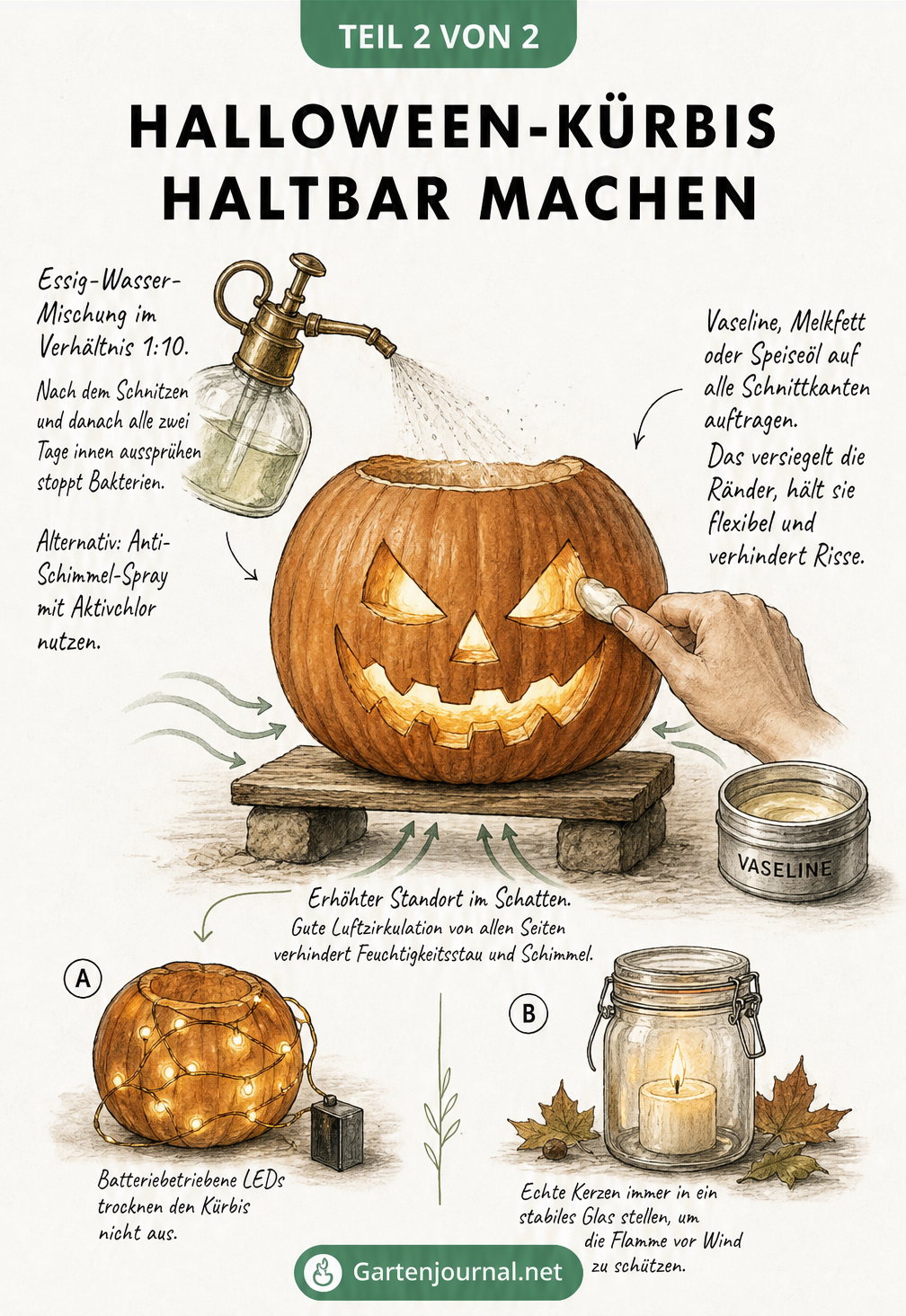 Geschnitzter Halloween-Kürbis mit Pflegehinweisen wie Essig-Wasser-Spray, Vaseline für Schnittkanten und erhöhtem Standort