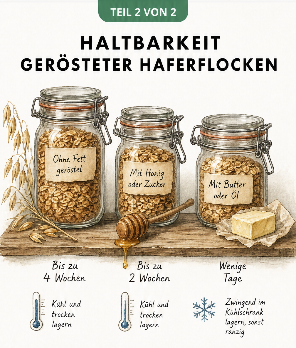Illustration zur Haltbarkeit von gerösteten Haferflocken in Vorratsgläsern