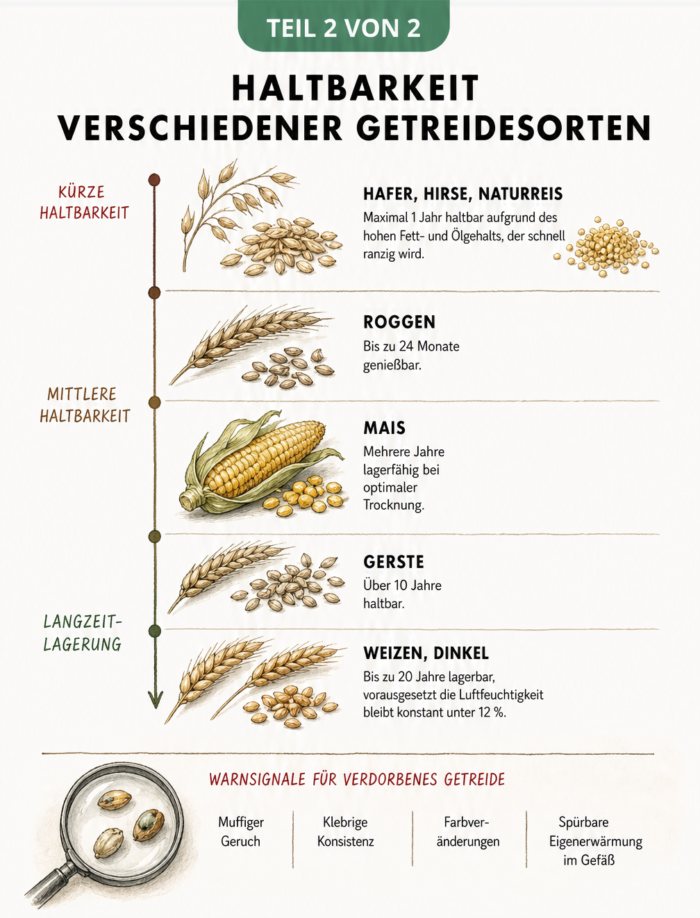 Vintage-Botanik-Lehrtafel, die die Haltbarkeit verschiedener Getreidesorten zeigt, von Hafer und Hirse (1 Jahr) bis zu Weizen und Dinkel (bis zu 20 Jahre).