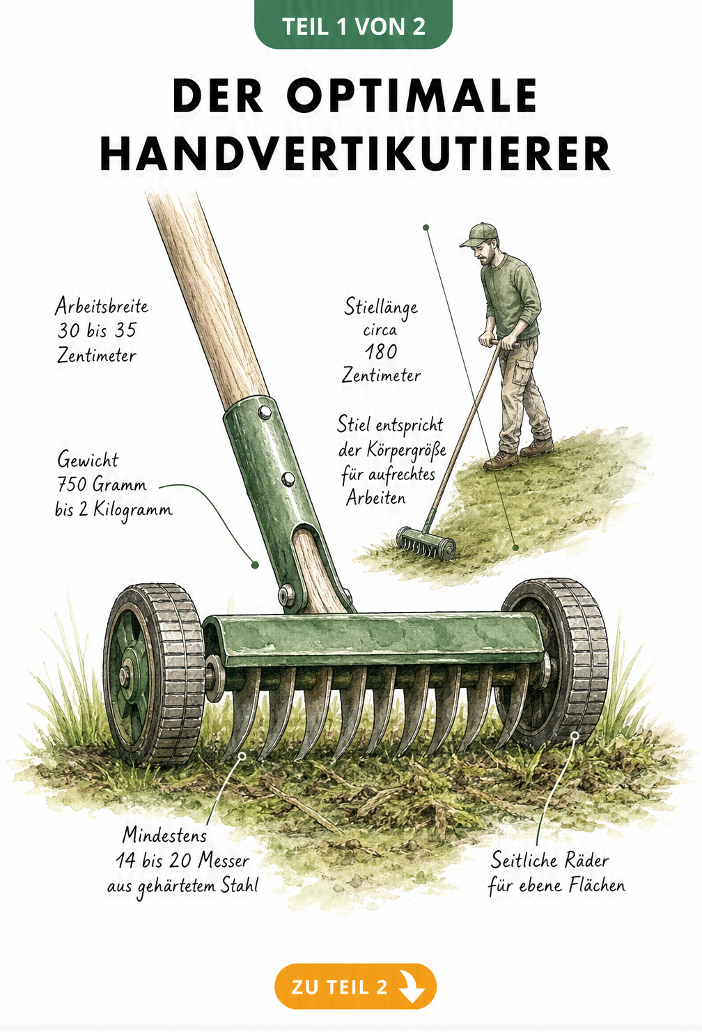 Illustration eines Handvertikutierers mit Details zu Arbeitsbreite, Messern und ergonomischer Stiellänge