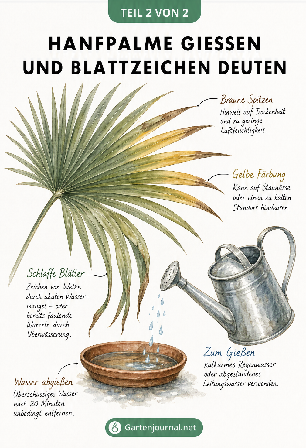 Illustration eines Palmwedels mit Erklärungen zu braunen und gelben Blättern durch falsches Gießen.