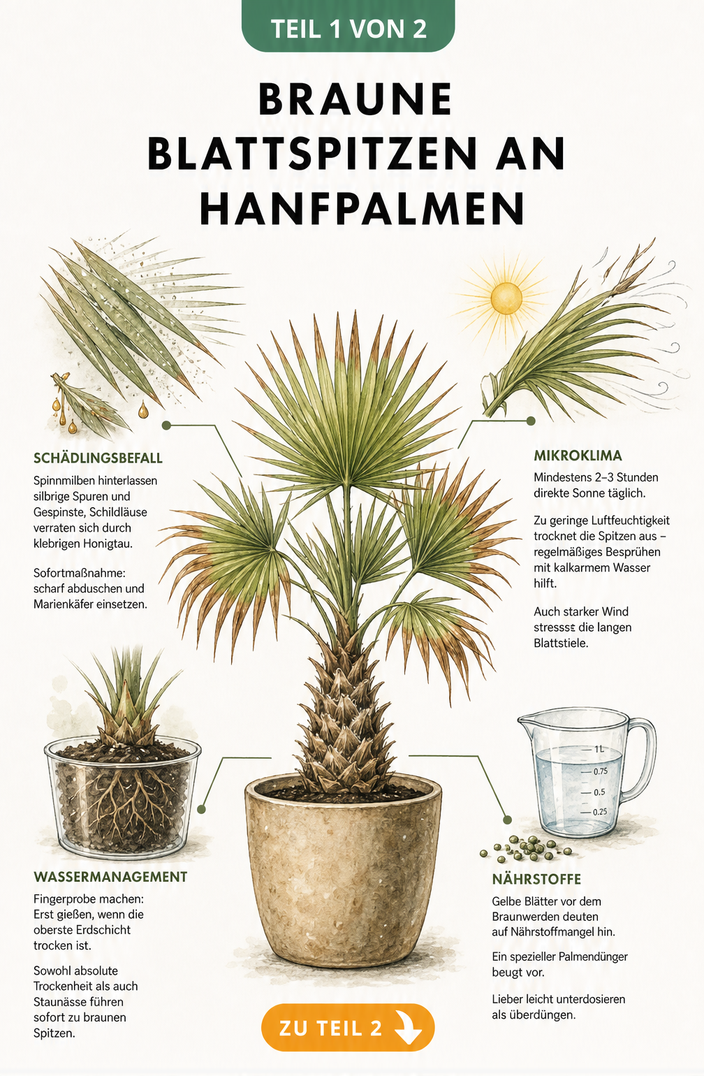 Illustration einer Hanfpalme mit braunen Blattspitzen und Erklärungen zu Schädlingen, Mikroklima, Wassermanagement und Nährstoffen