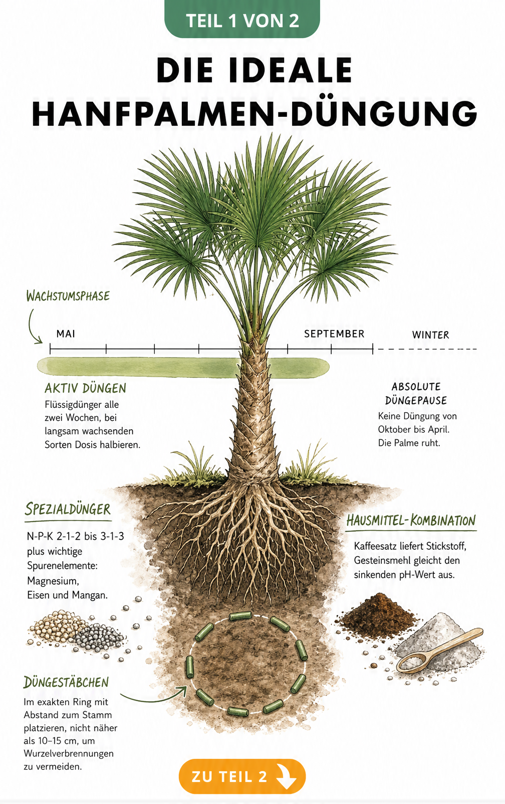Illustration einer Hanfpalme im Querschnitt mit Zeitstrahl zur Düngung und Darstellung der Nährstoffversorgung im Wurzelballen