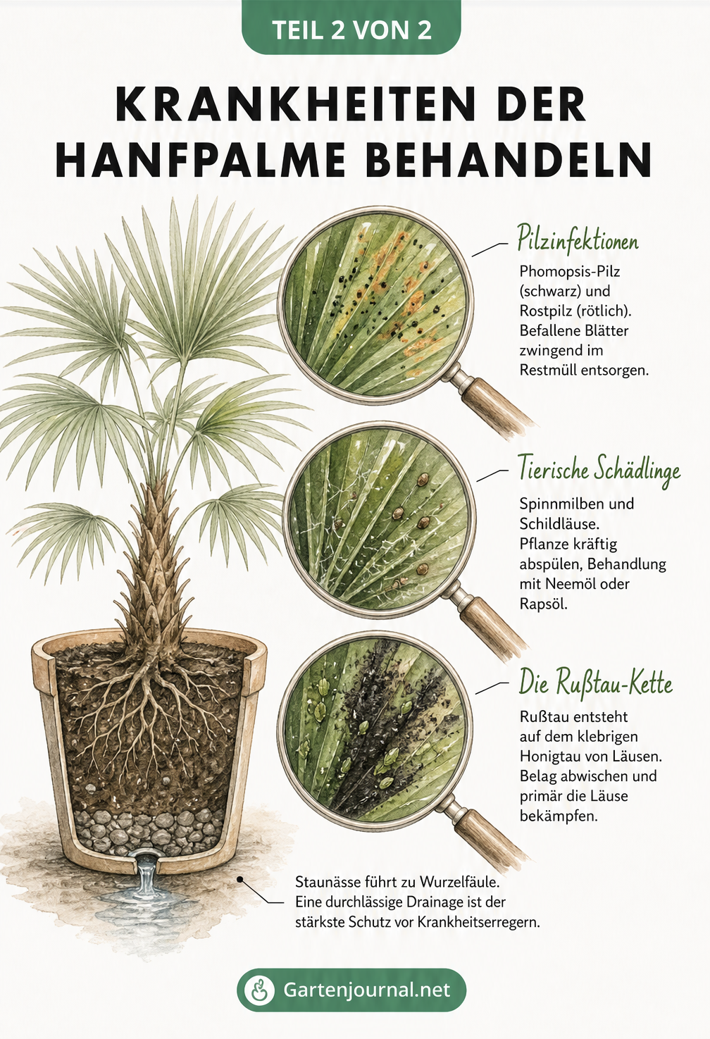 Lupen-Ansichten von Hanfpalmen-Blättern mit Pilzinfektionen, Spinnmilben, Schildläusen und Rußtau sowie Staunässe im Topf.