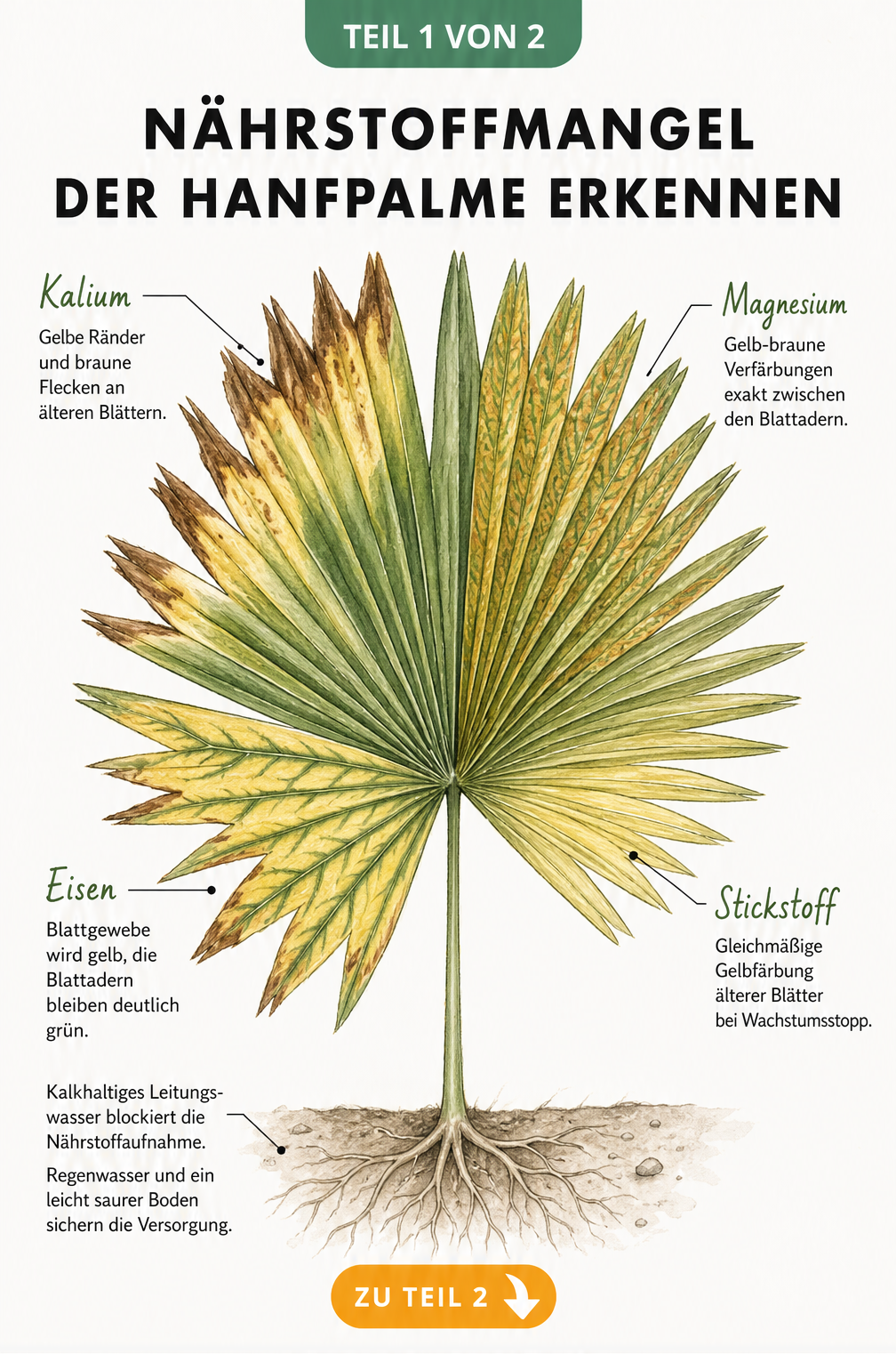 Illustration eines Hanfpalmen-Wedels, der die Symptome von Kalium-, Magnesium-, Eisen- und Stickstoffmangel zeigt.
